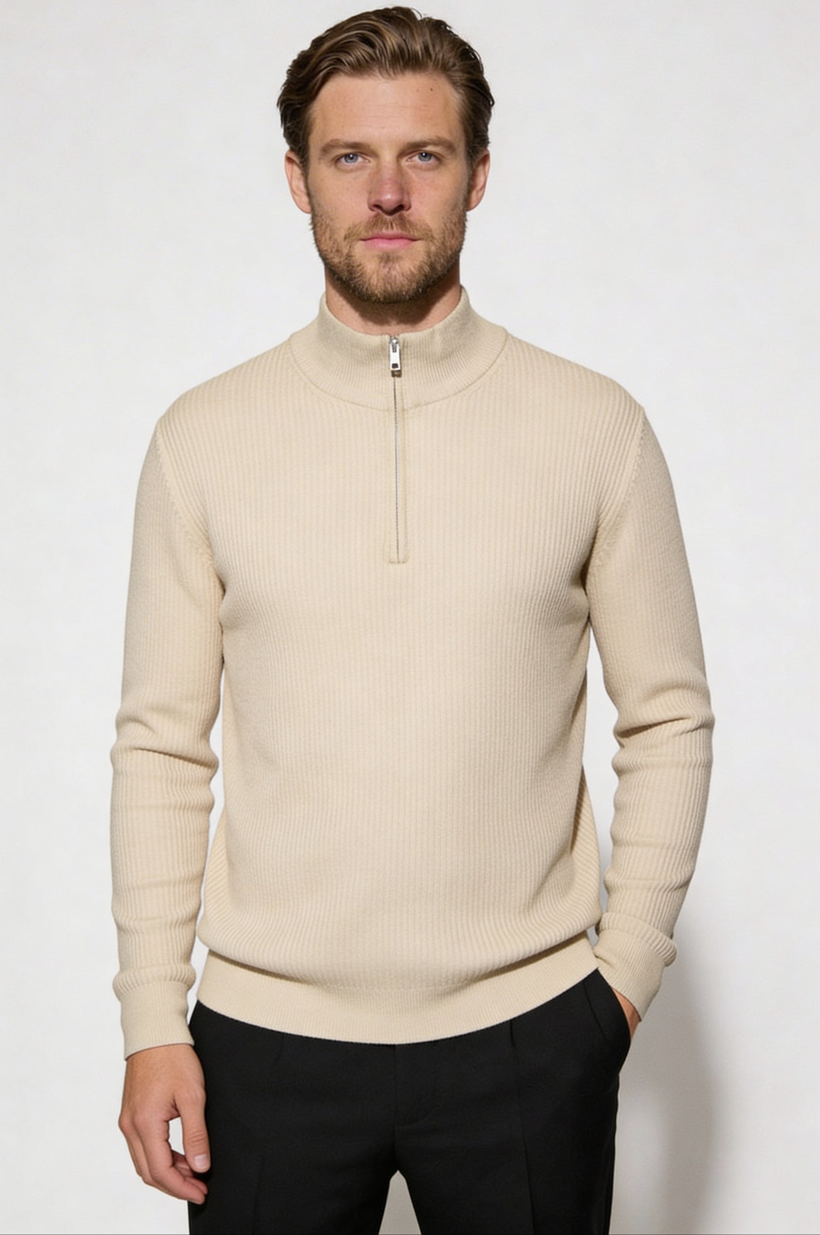 ARDENHOLT QUARTER-ZIP SWEATER – BEIGE