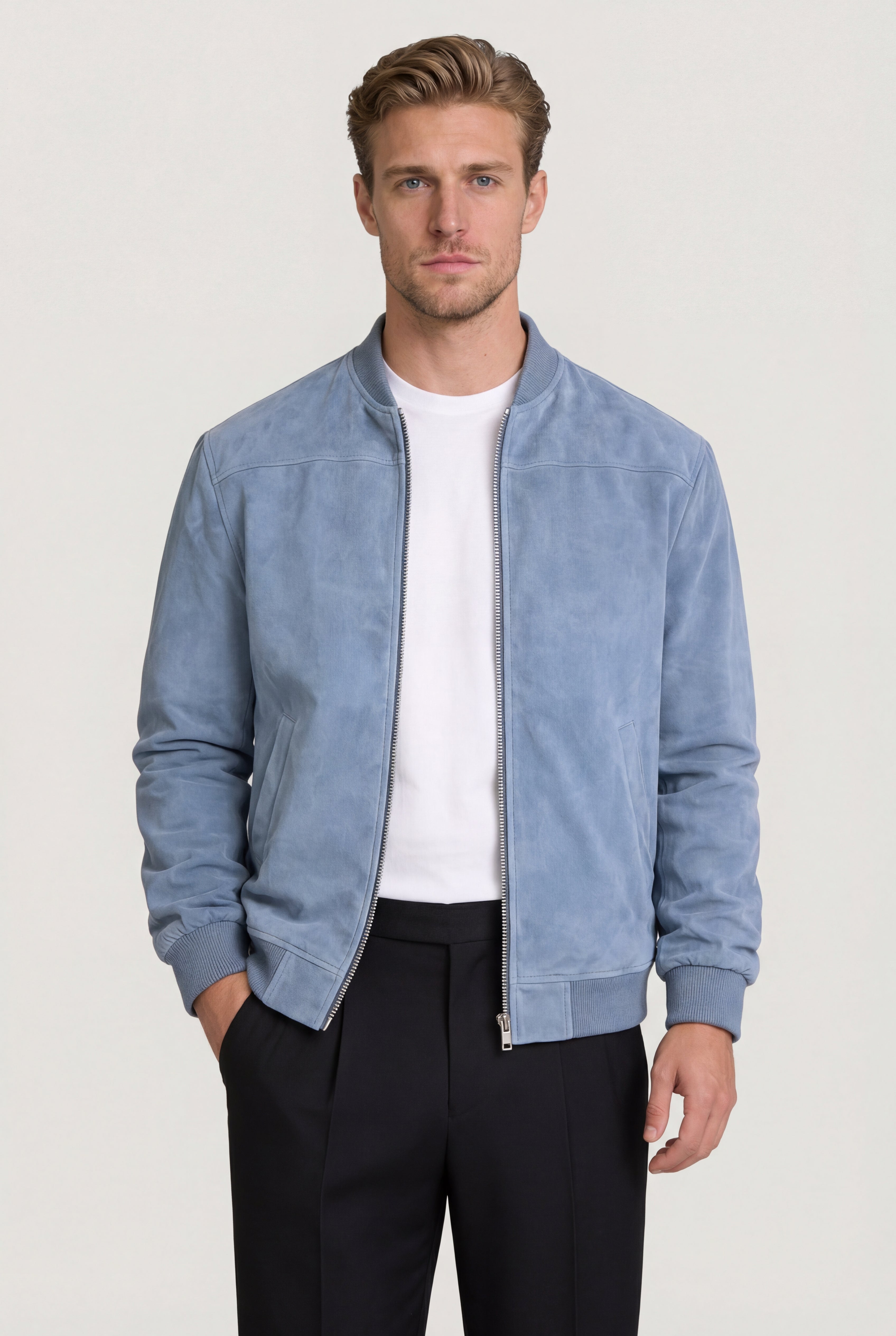 ARVANE SUEDE BOMBER JACKET – BLUE