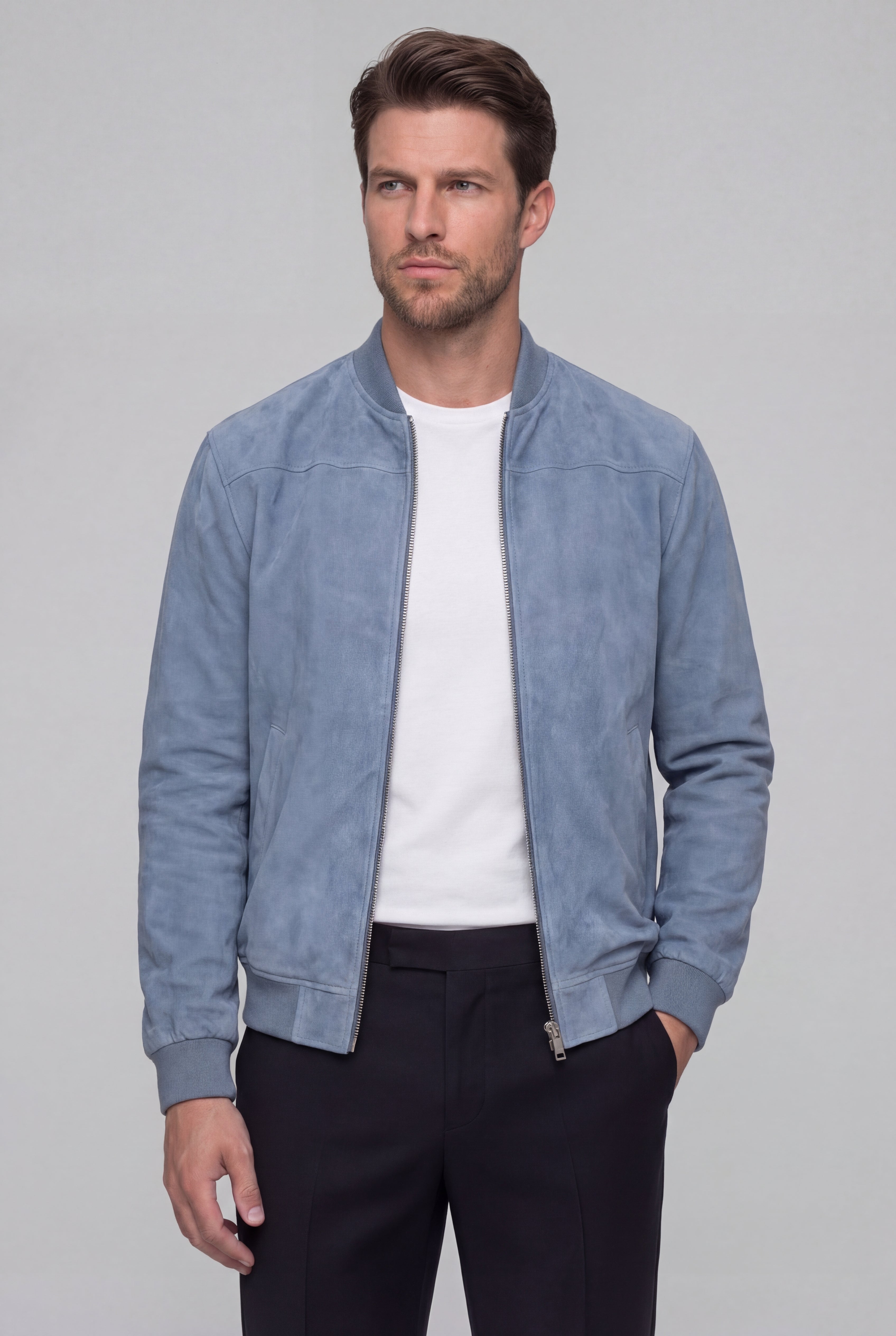 ARVANE SUEDE BOMBER JACKET – BLUE