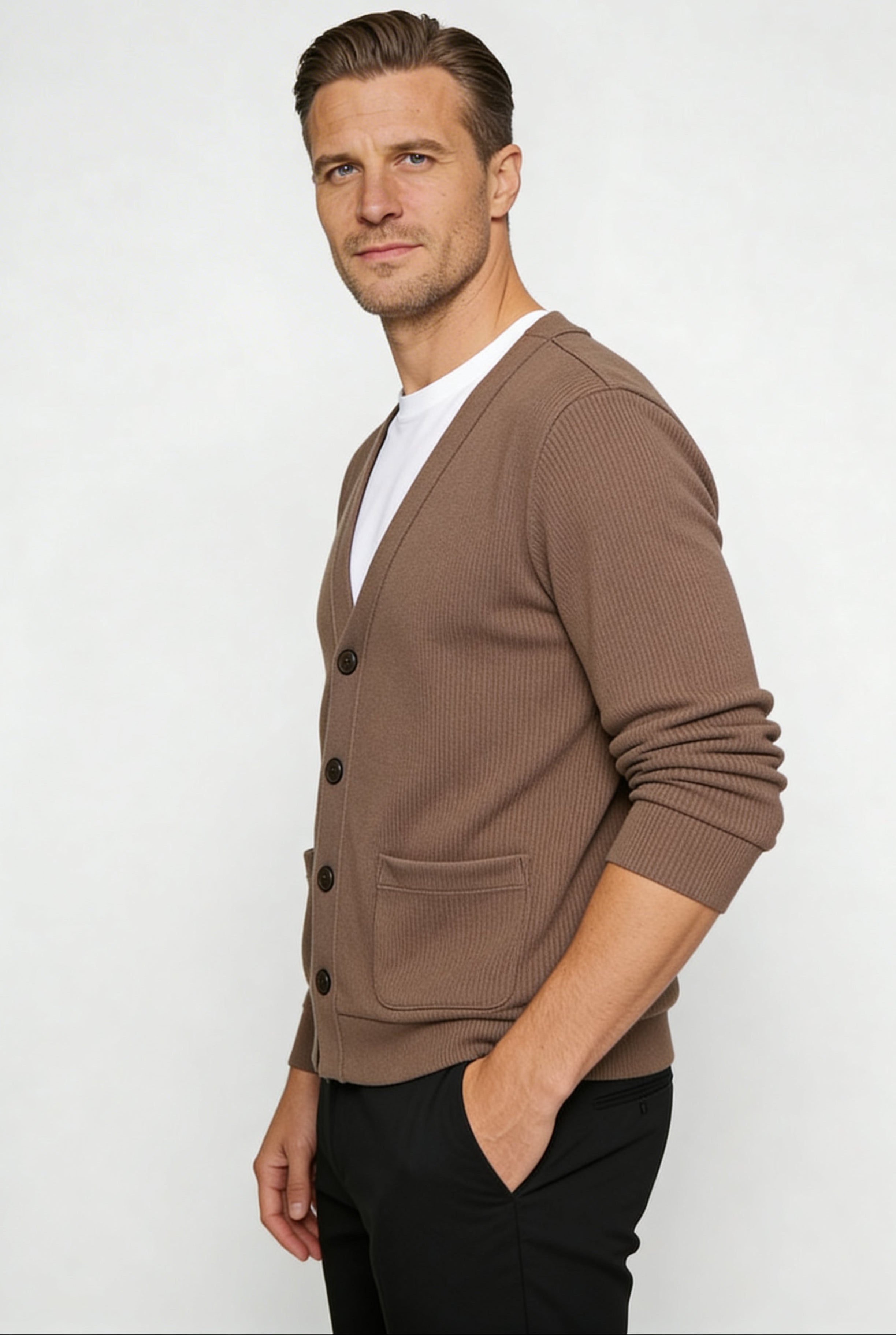 BREVAN V-NECK KNIT CARDIGAN – COFFEE