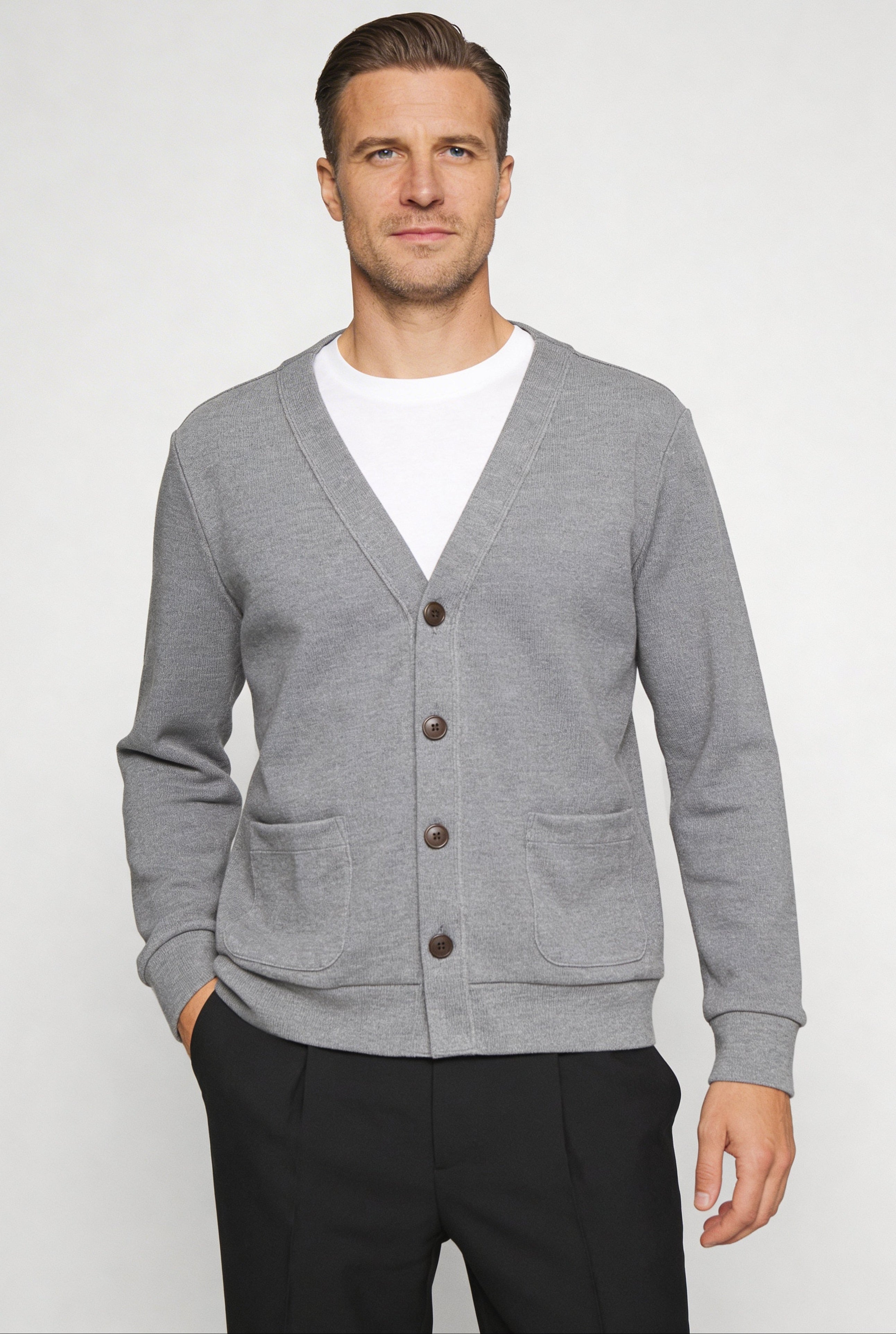 BREVAN V-NECK KNIT CARDIGAN – GRAY