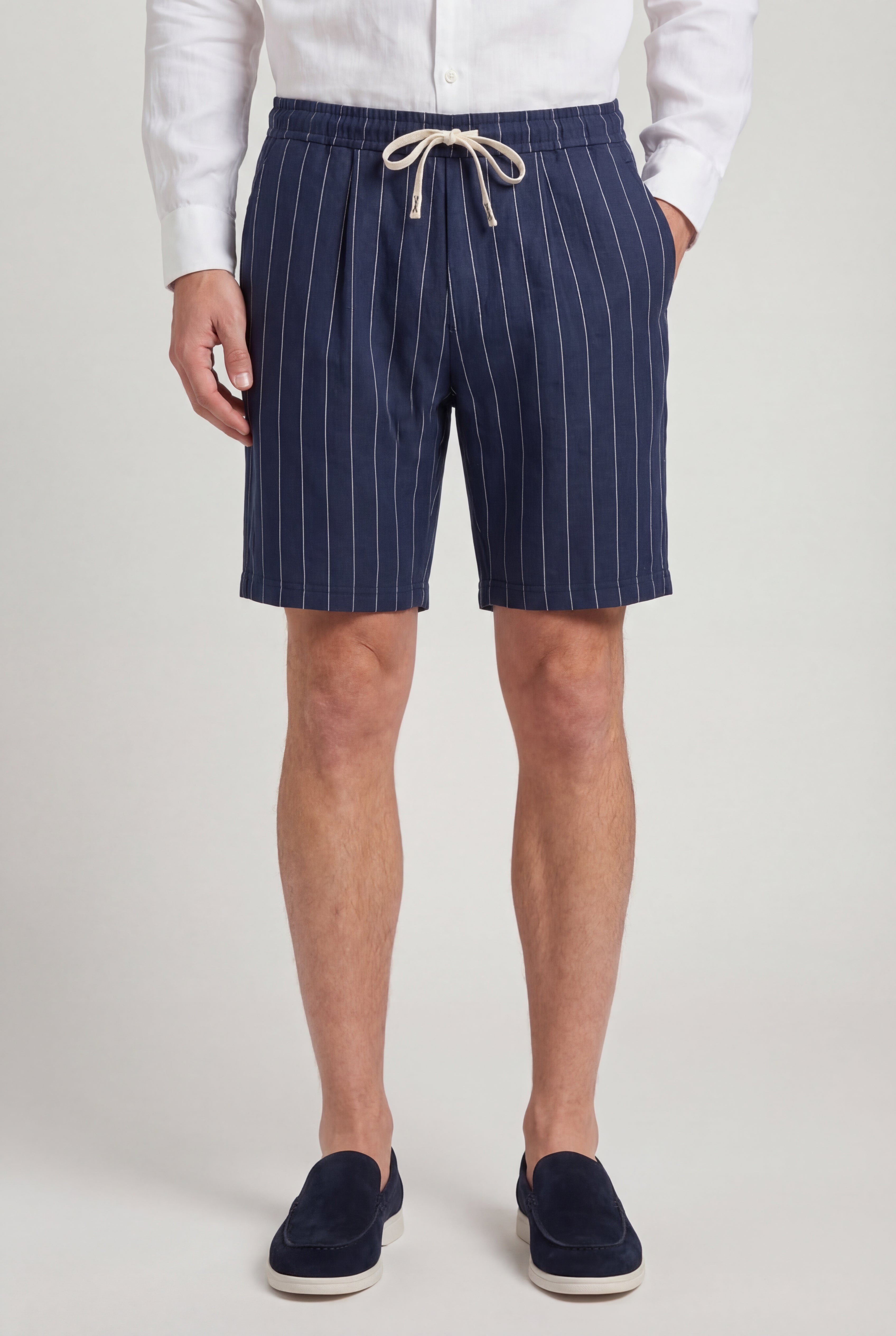 CALVAREL STRIPED LINEN SHORTS – NAVY