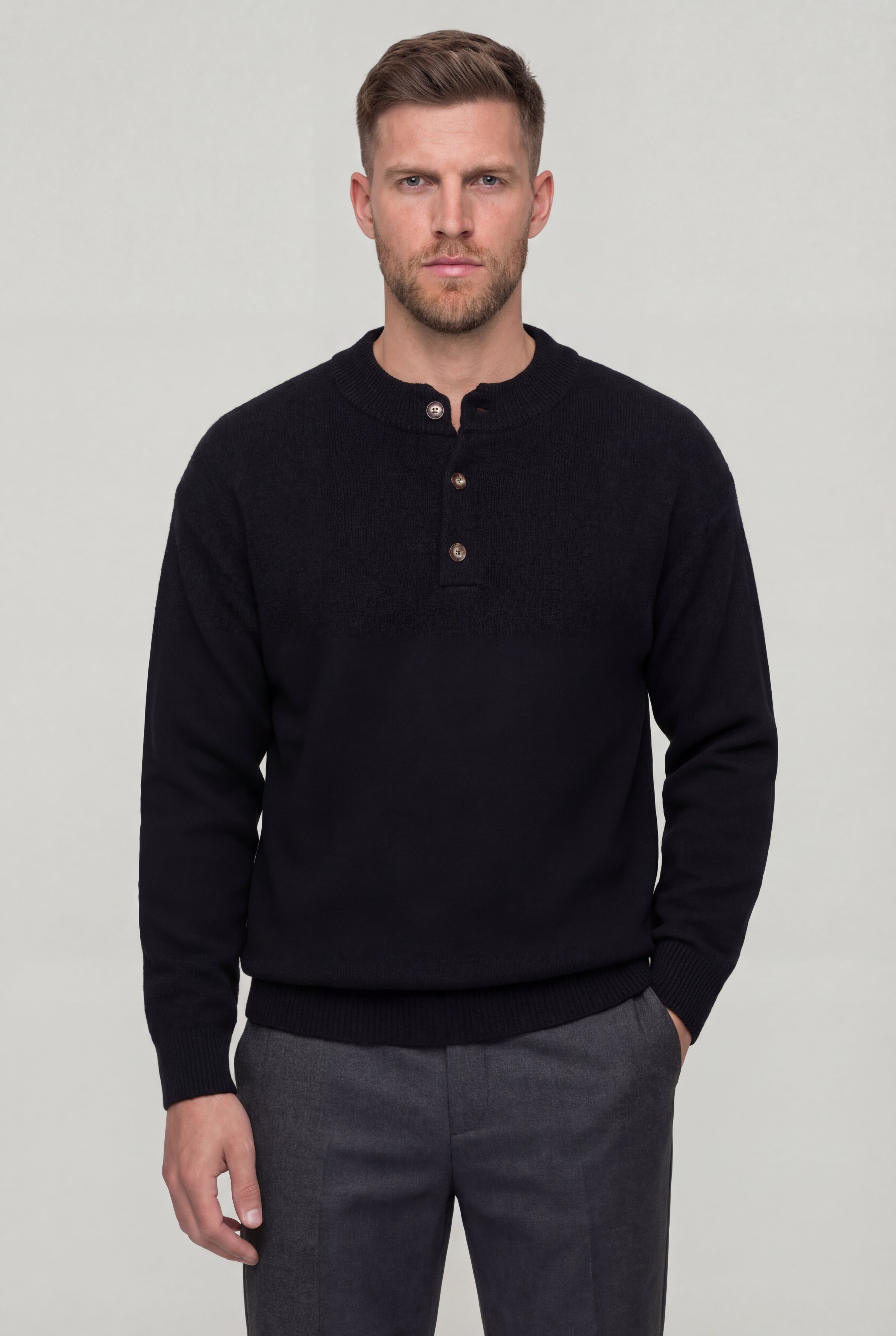 CALVOR HENLEY KNIT SWEATER – BLACK
