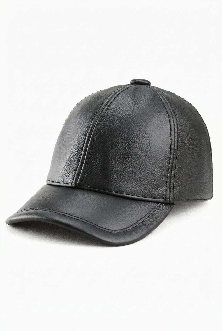 帽子 Curved brim black leather cross hat Men's Genuine Leather Baseball Cap Black – Cowhide Dome Crown