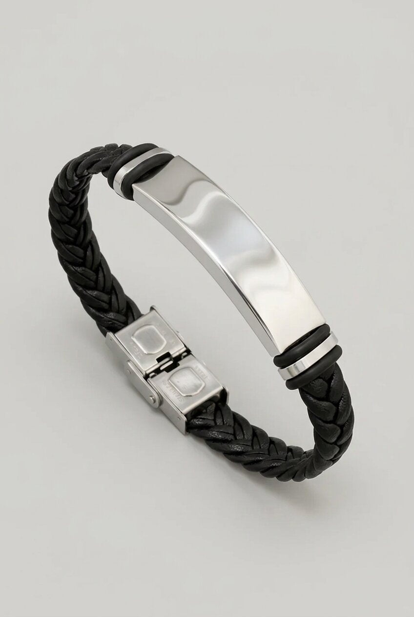 Men's Braided Leather Bracelet Black – Stainless Steel Plate Clasp