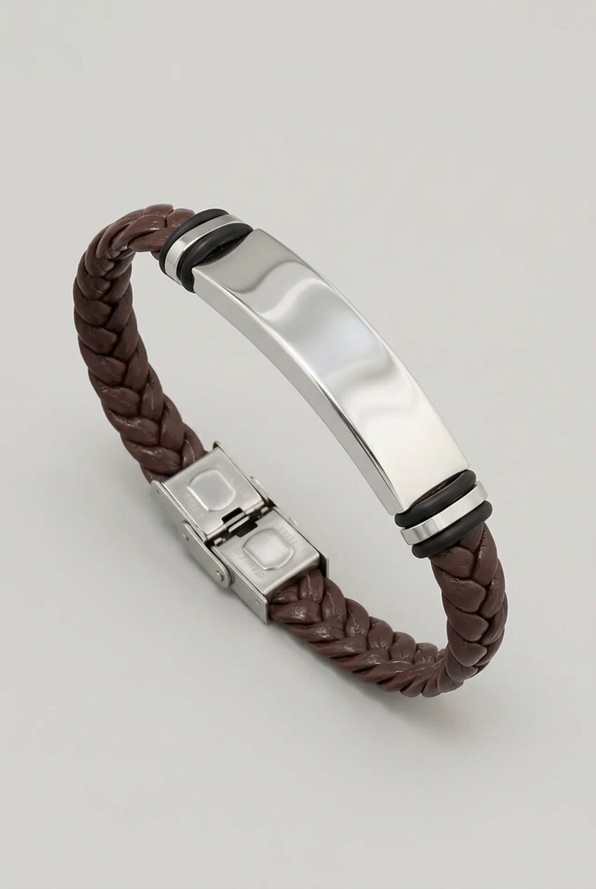 【美品】PRY GROUND シュウト011-PLATE-BRACELET Men's Braided Leather Bracelet Brown – Stainless Steel Plate Clasp