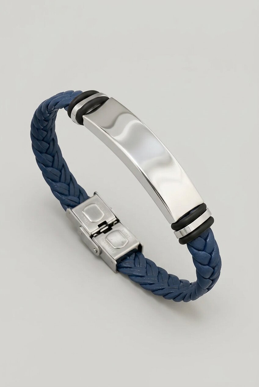 Men's Braided Leather Bracelet Navy – Stainless Steel Plate Clasp