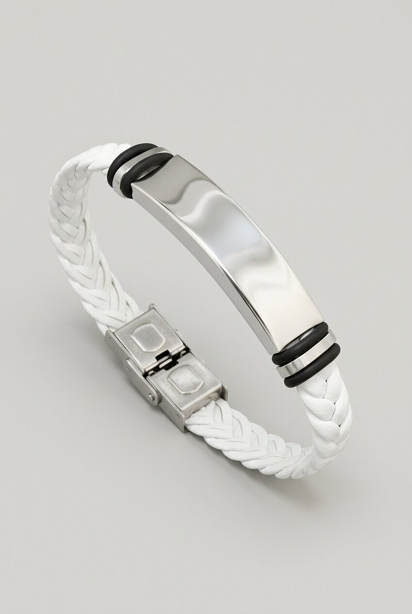 Men's Braided Leather Bracelet White – Stainless Steel Plate Clasp