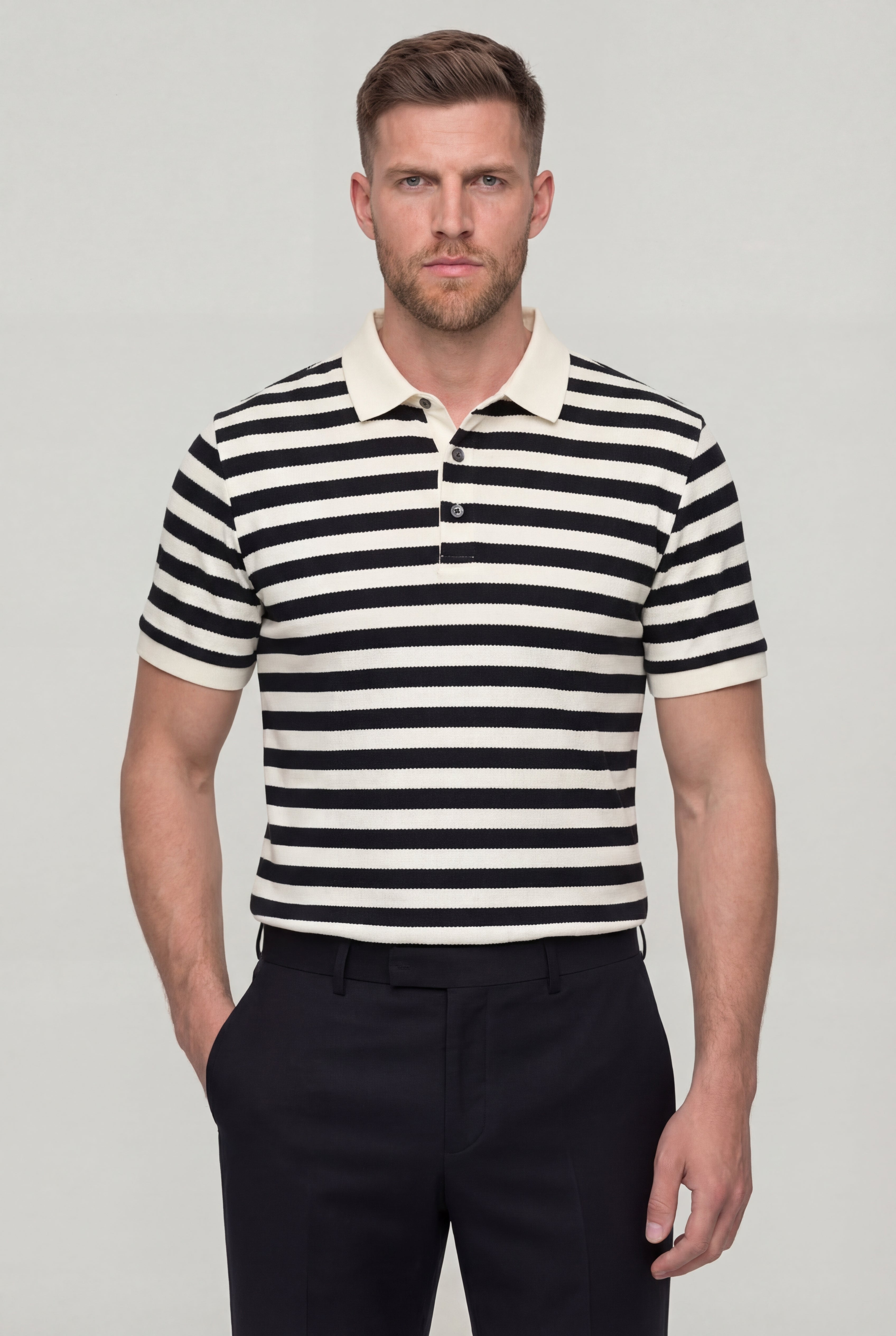 DORVYN STRIPED KNIT POLO SHIRT – BLACK