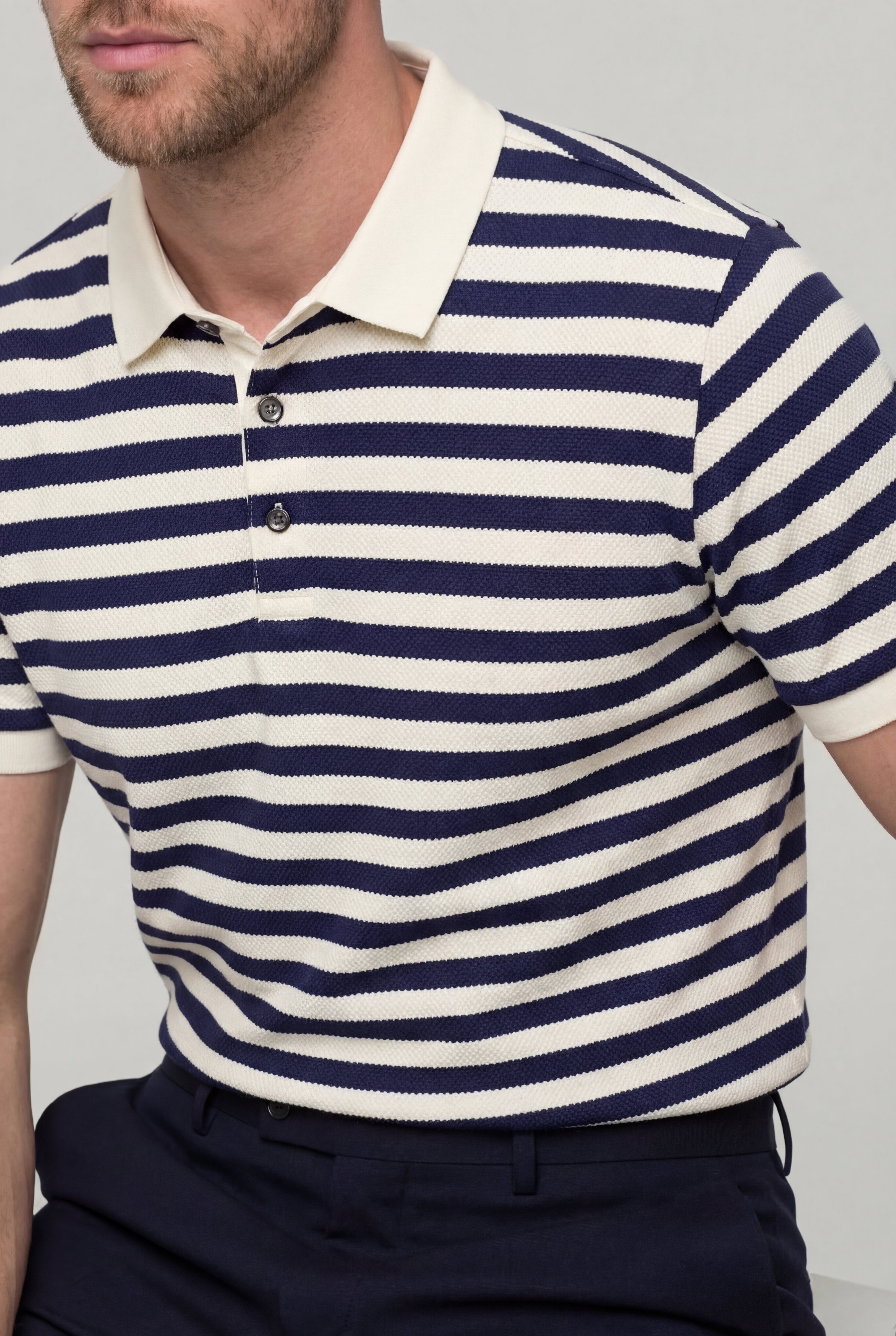 DORVYN STRIPED KNIT POLO SHIRT – BLUE