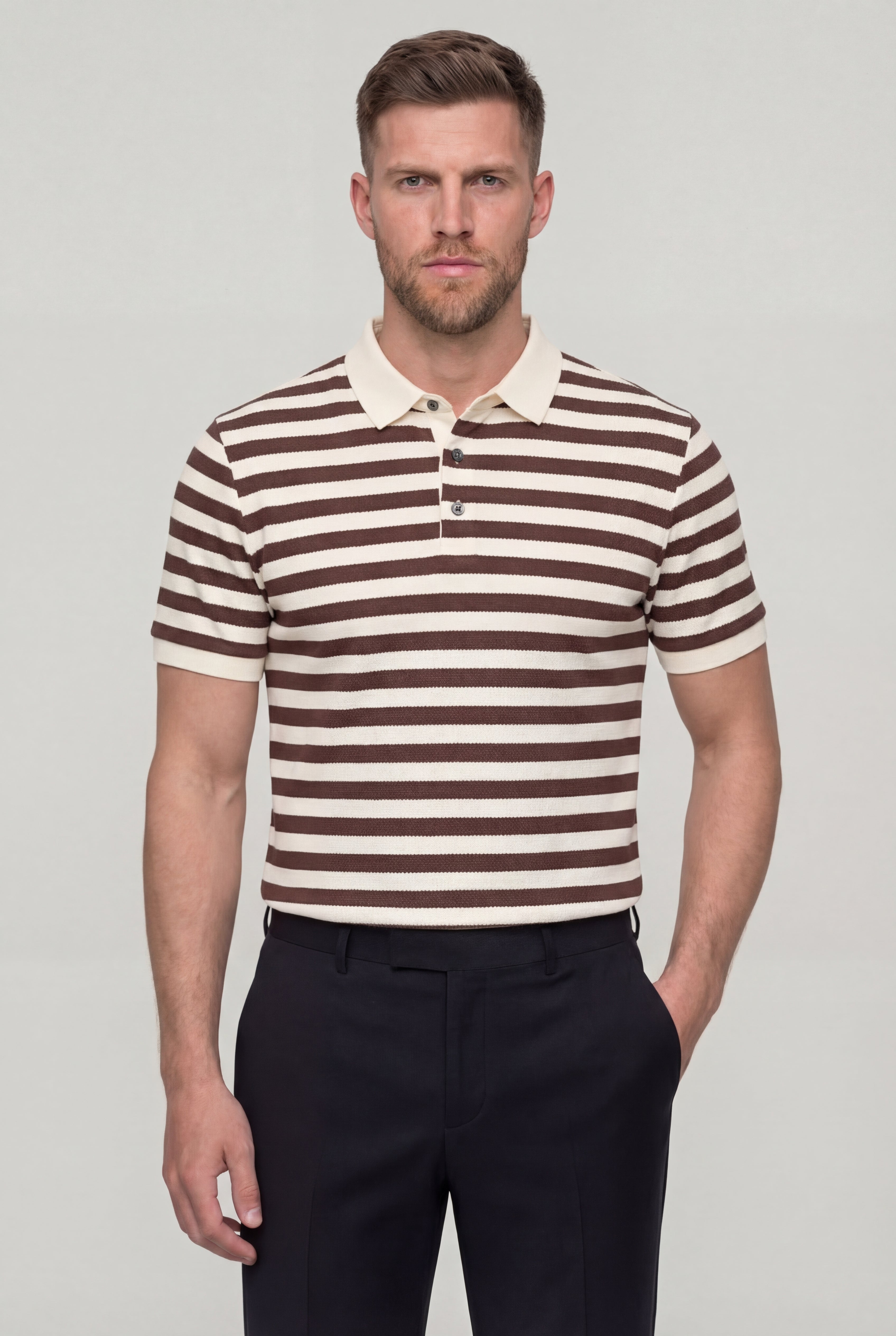 DORVYN STRIPED KNIT POLO SHIRT – BROWN