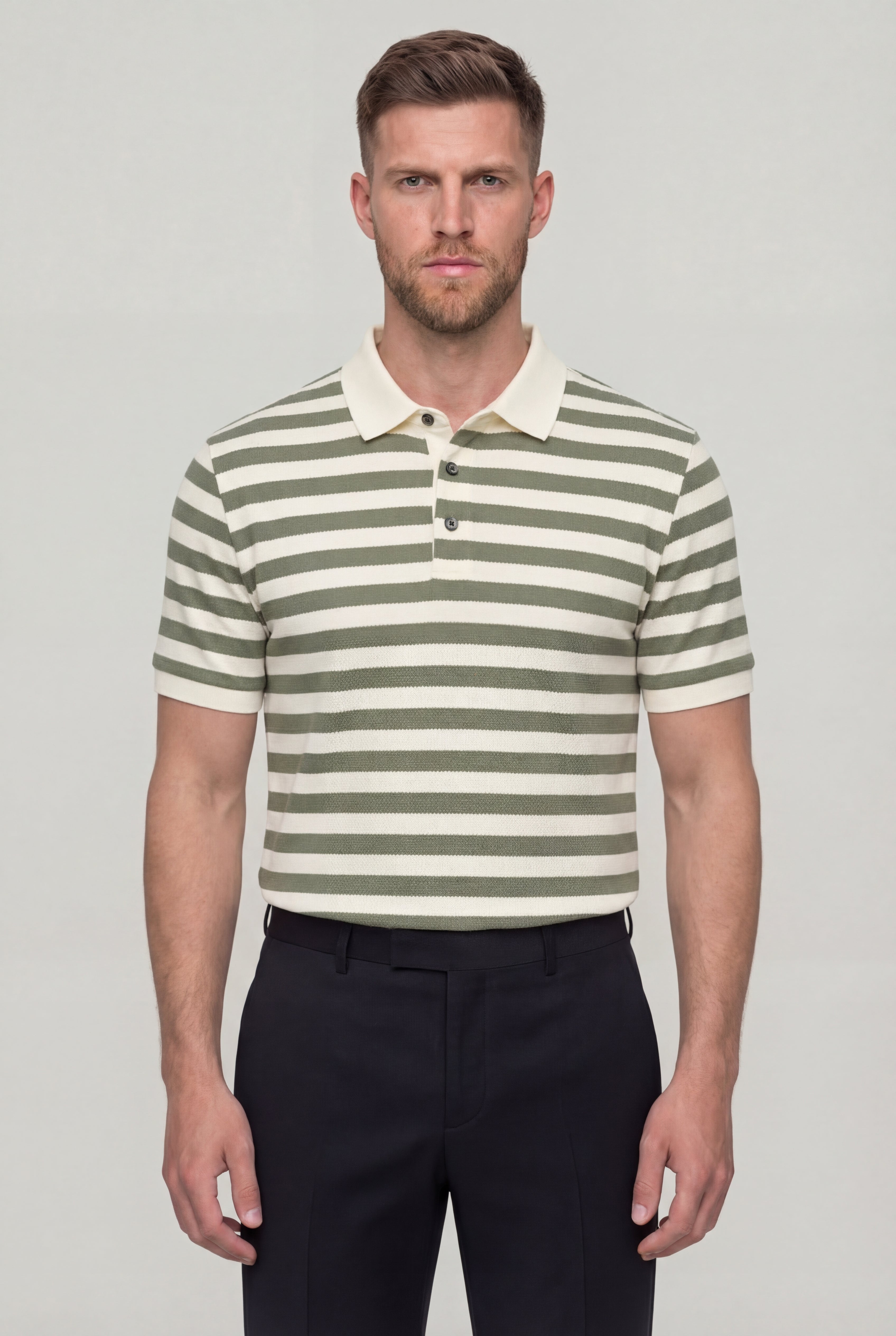 DORVYN STRIPED KNIT POLO SHIRT – GREEN