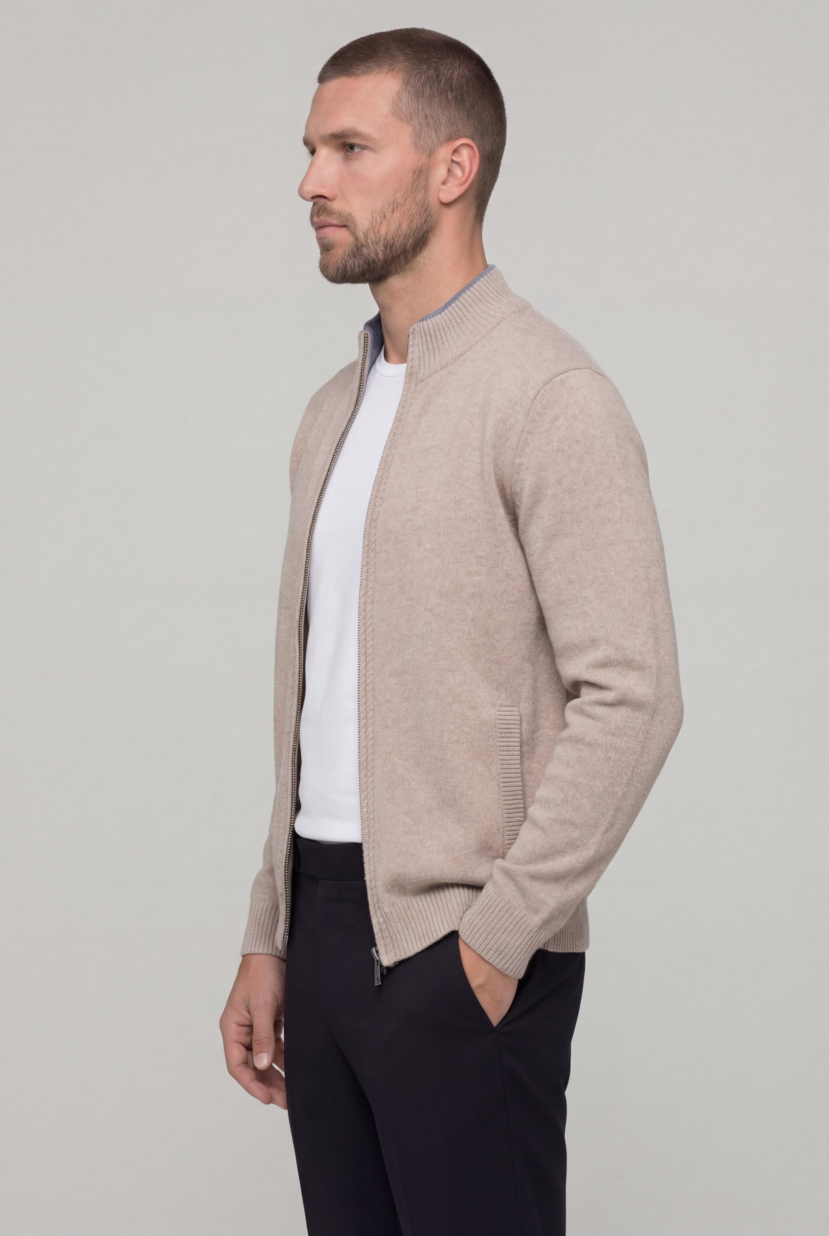 KALDER WOOL ZIP CARDIGAN – BEIGE