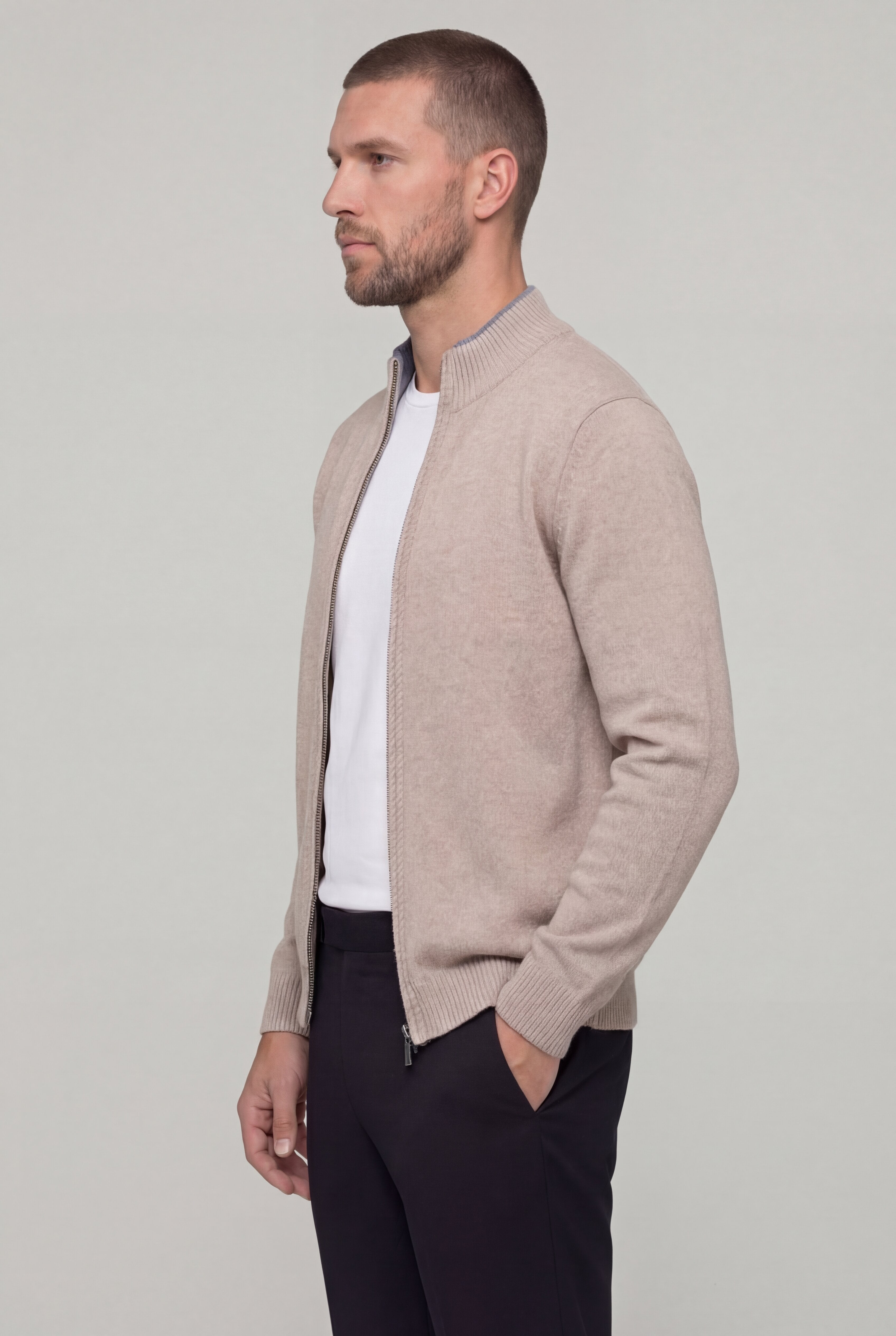 KALDER WOOL ZIP CARDIGAN – BEIGE