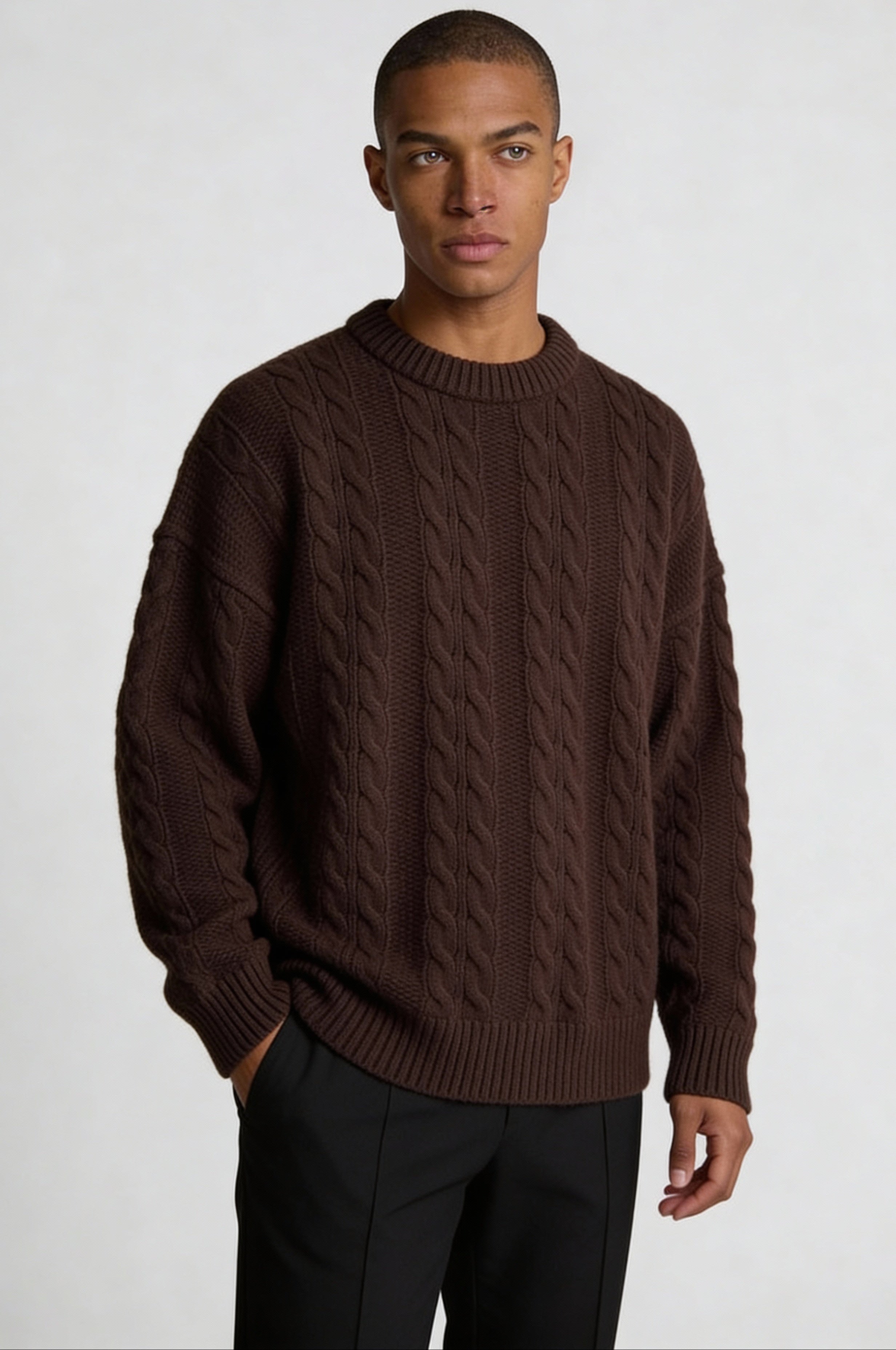 KAVIRO CABLE KNIT SWEATER – BROWN