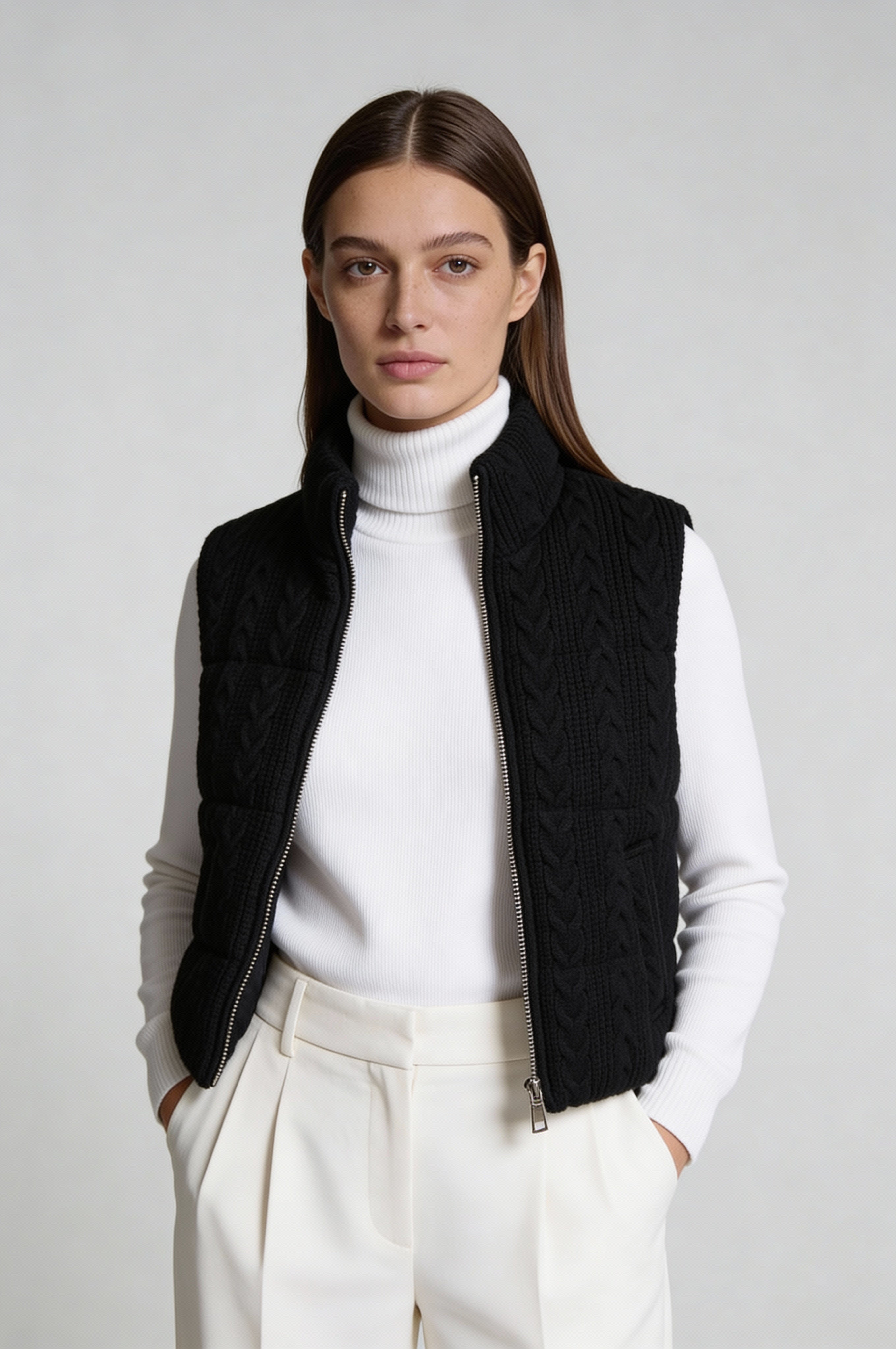 LARA CABLE-KNIT PUFFER VEST – BLACK