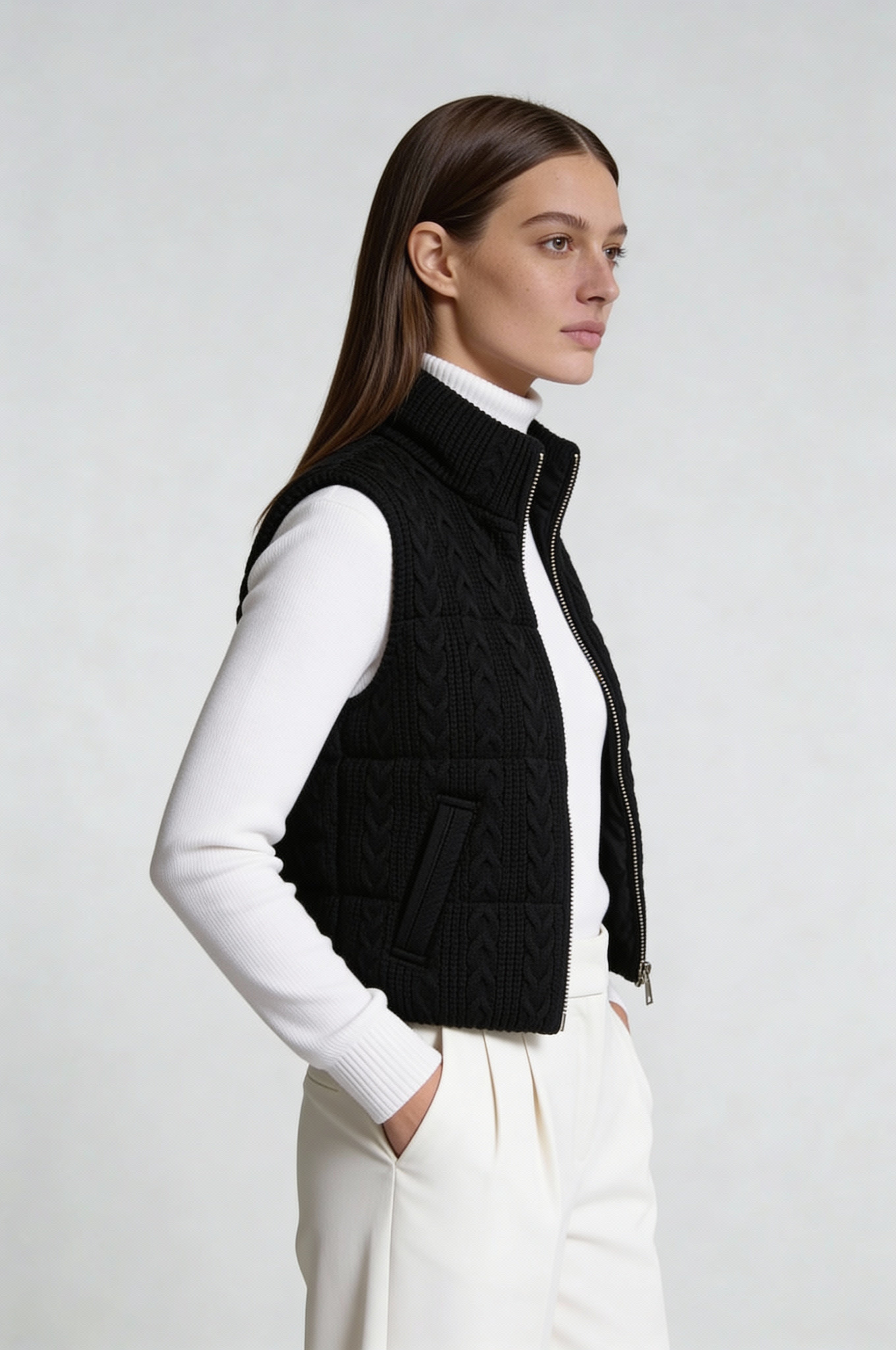 LARA CABLE-KNIT PUFFER VEST – BLACK