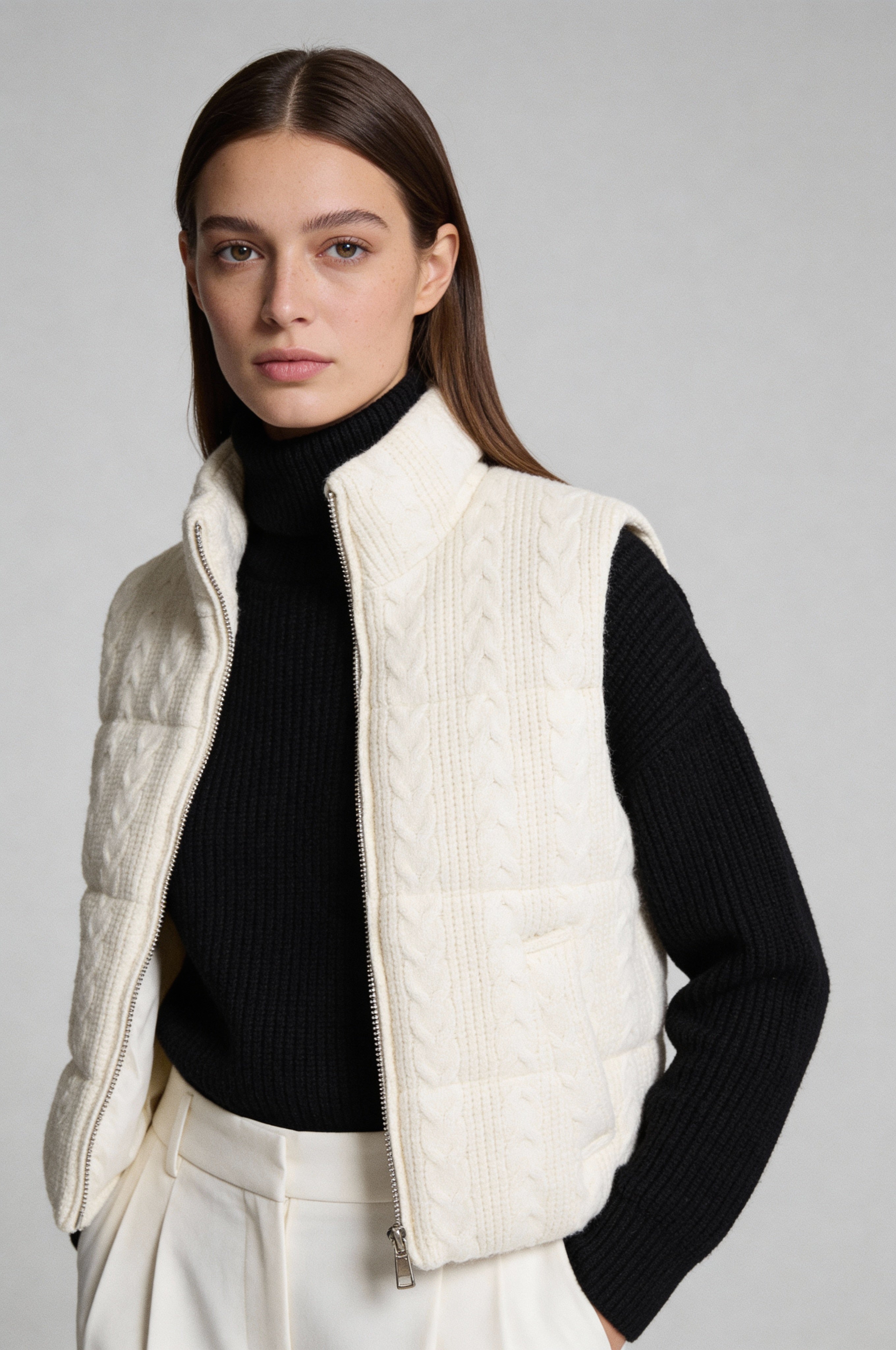 LARA CABLE-KNIT PUFFER VEST – IVORY
