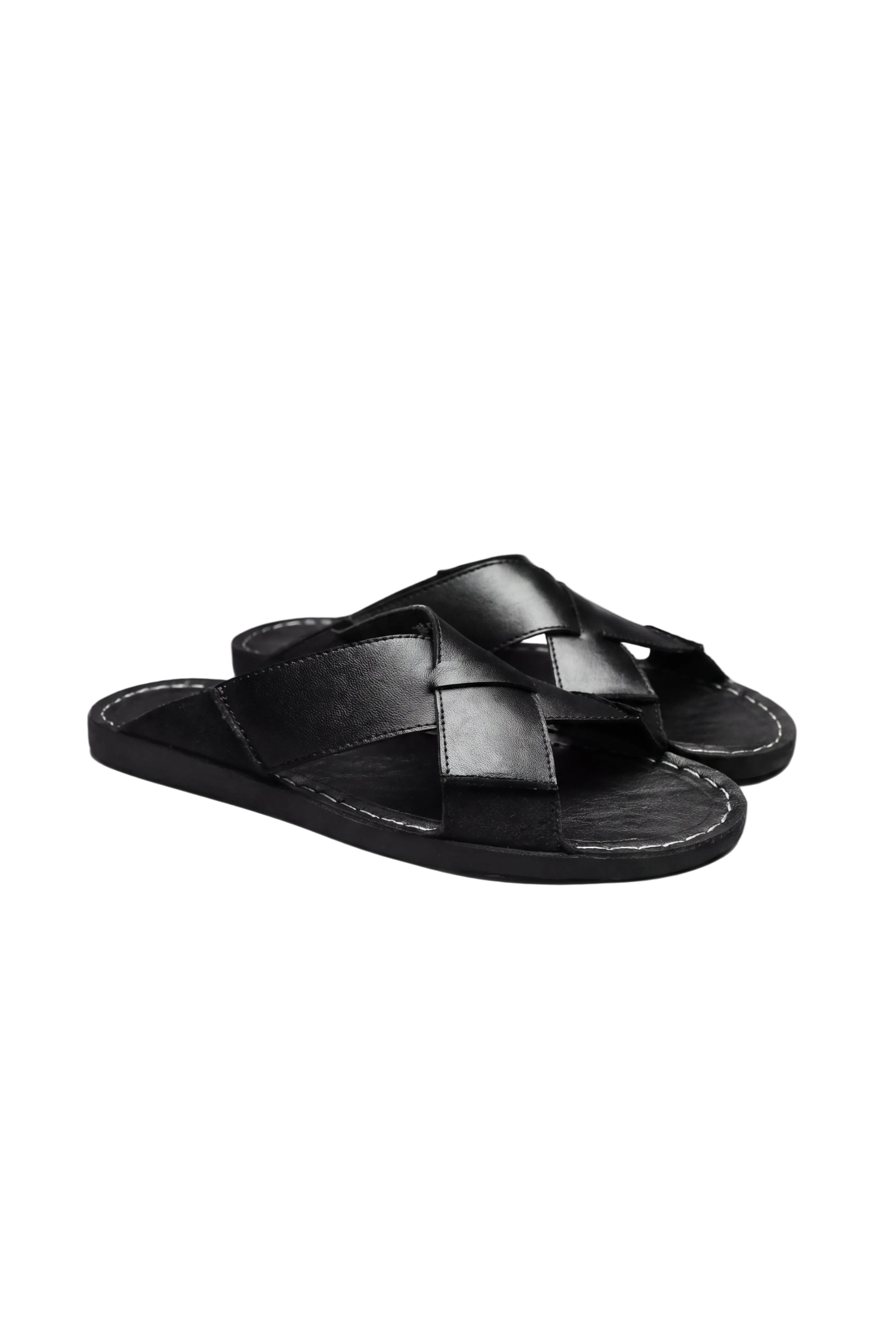 LEVIA LEATHER SLIDE SANDALS – BLACK