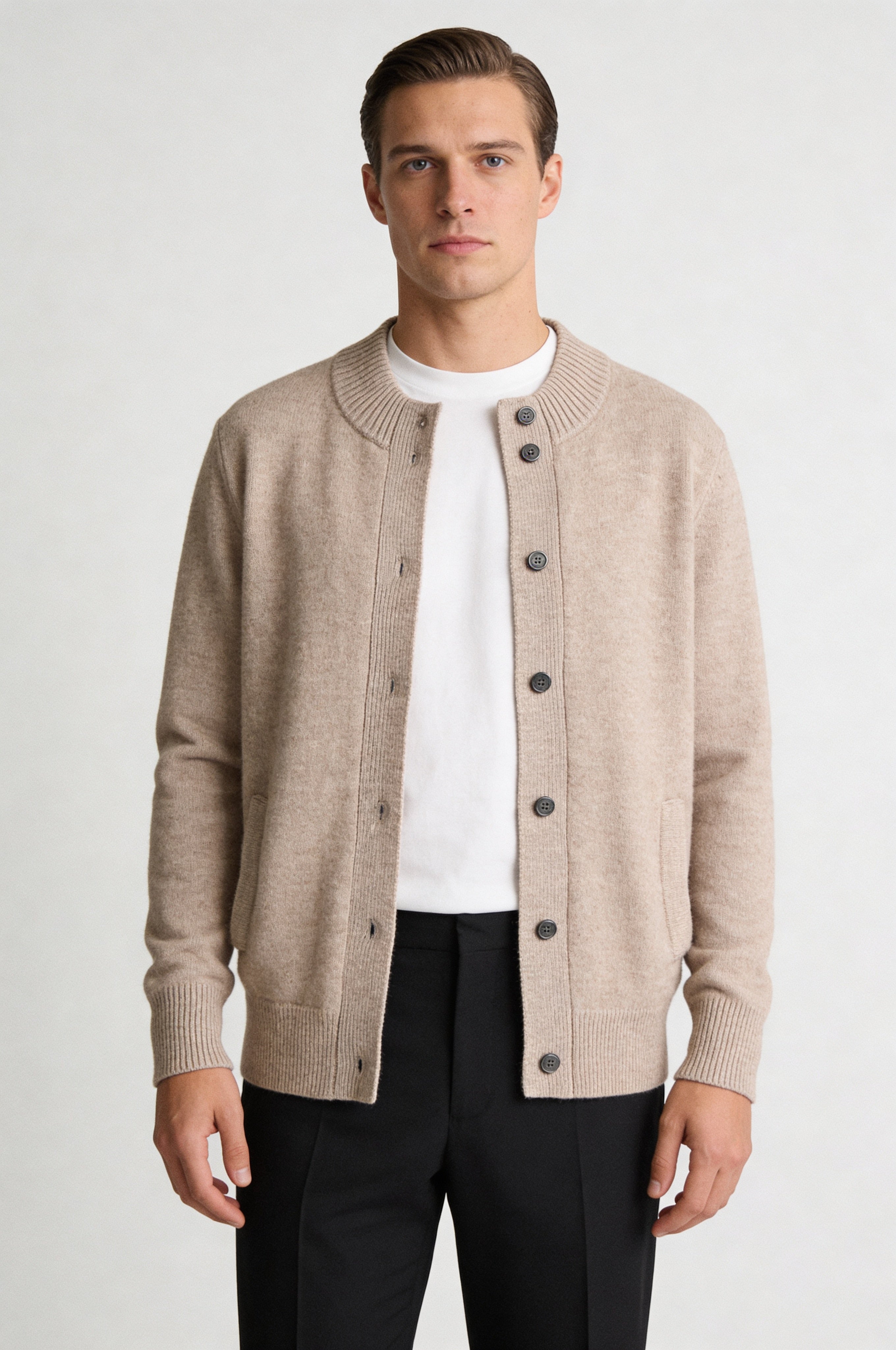 LORVIK WOOL STAND COLLAR CARDIGAN – CAMEL