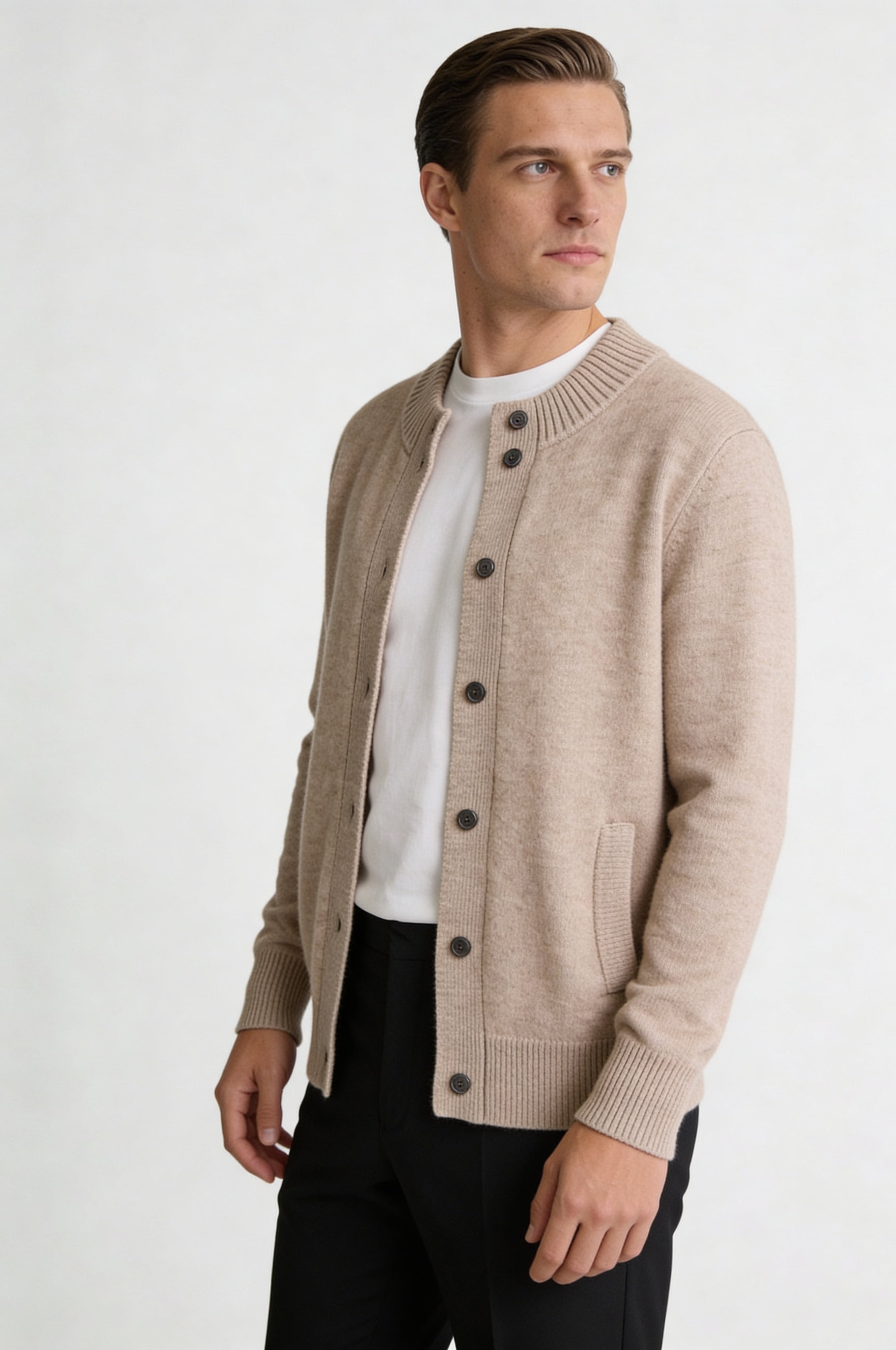 LORVIK WOOL STAND COLLAR CARDIGAN – CAMEL