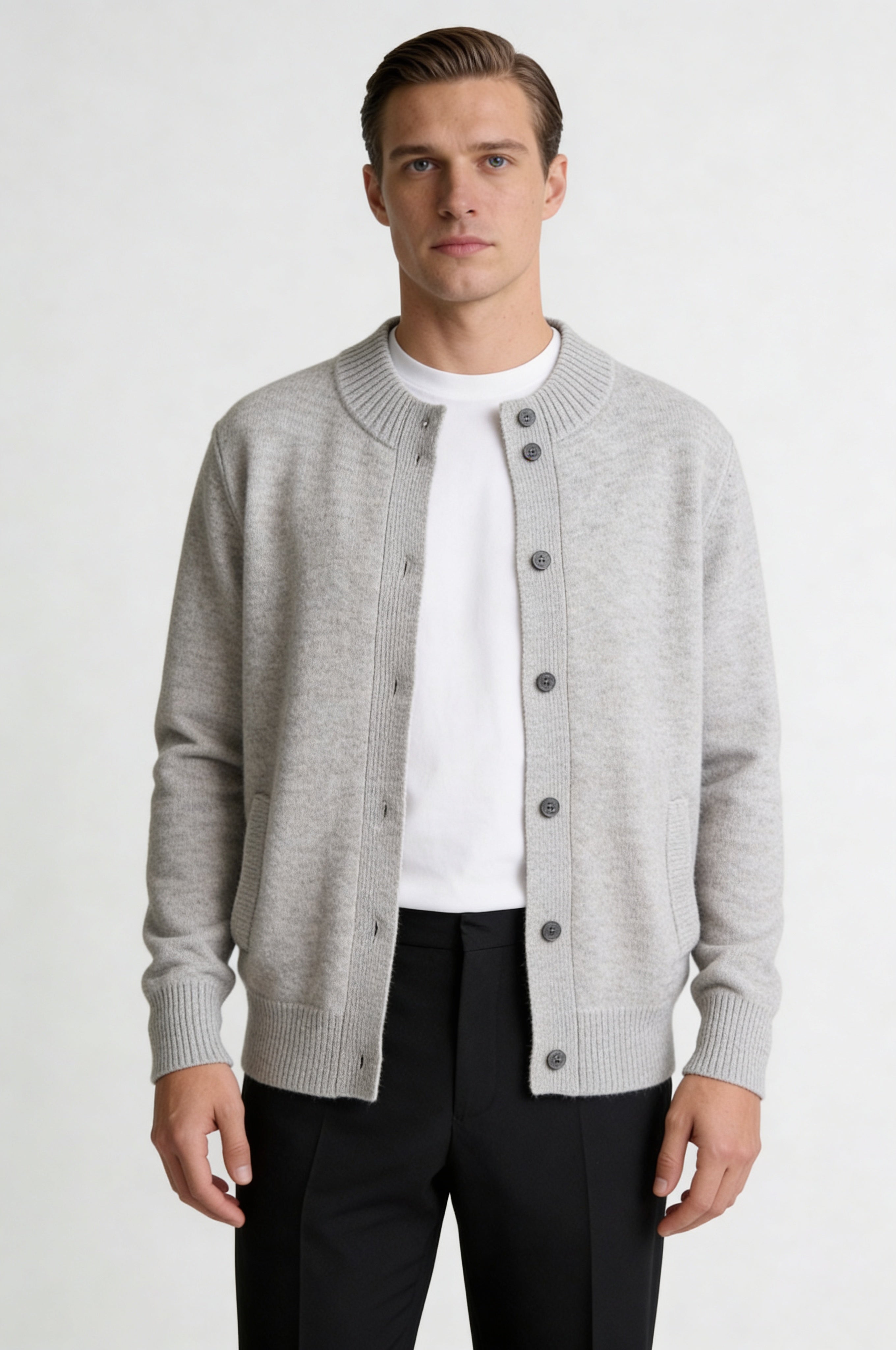 LORVIK WOOL STAND COLLAR CARDIGAN – GRAY