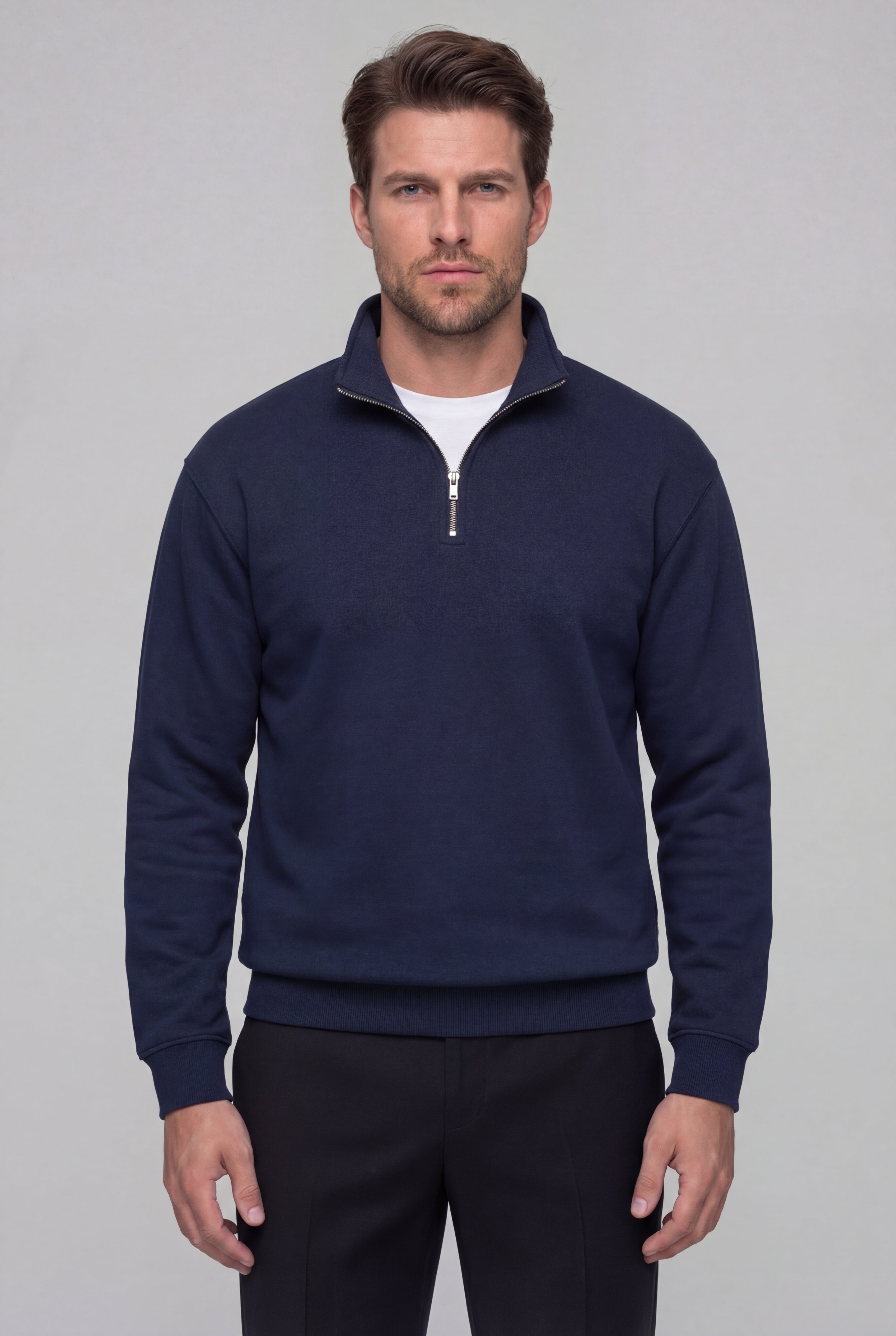 LAVERNO QUARTER ZIP COTTON SWEATER – NAVY