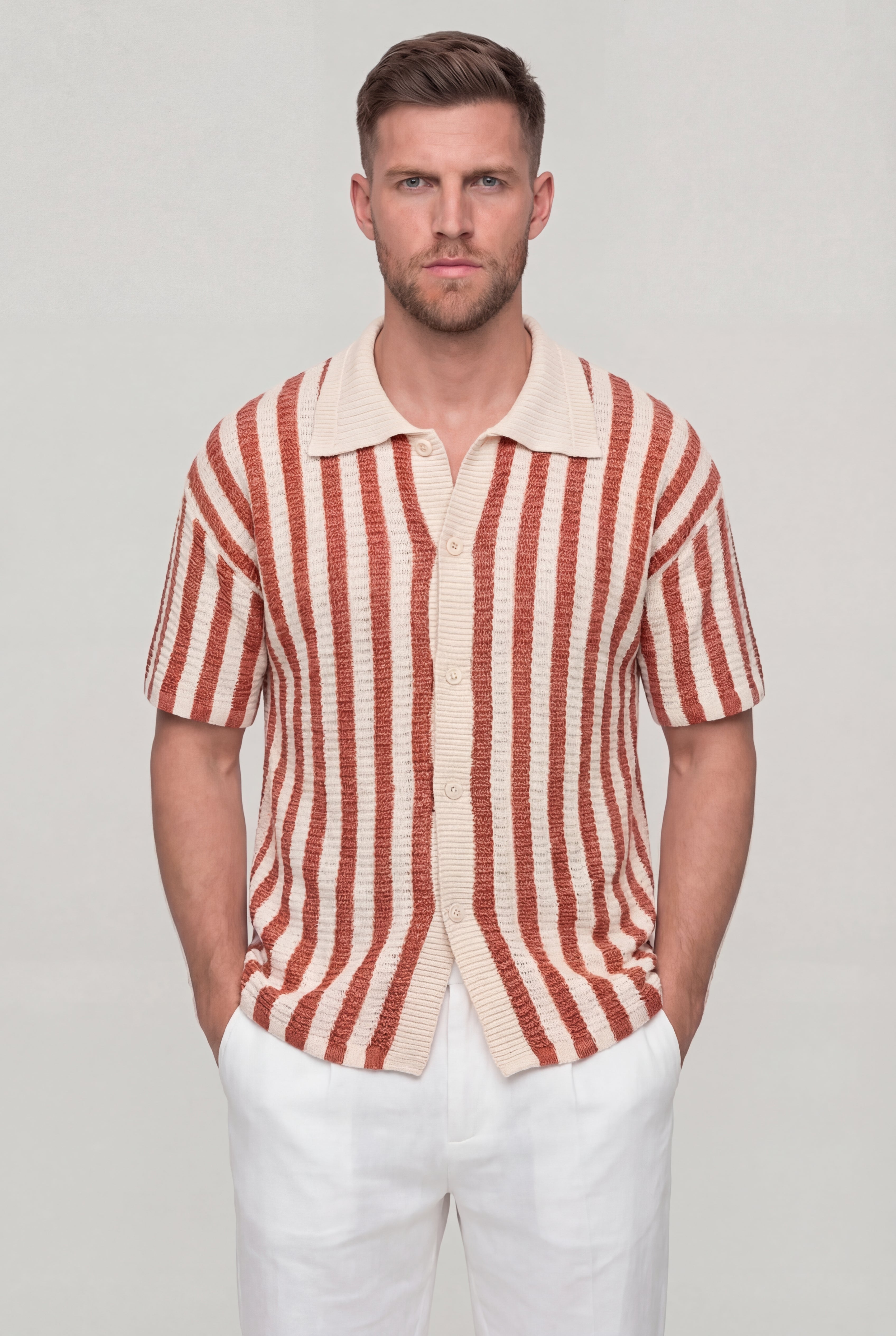 RYVANO STRIPED KNIT POLO SHIRT – RED