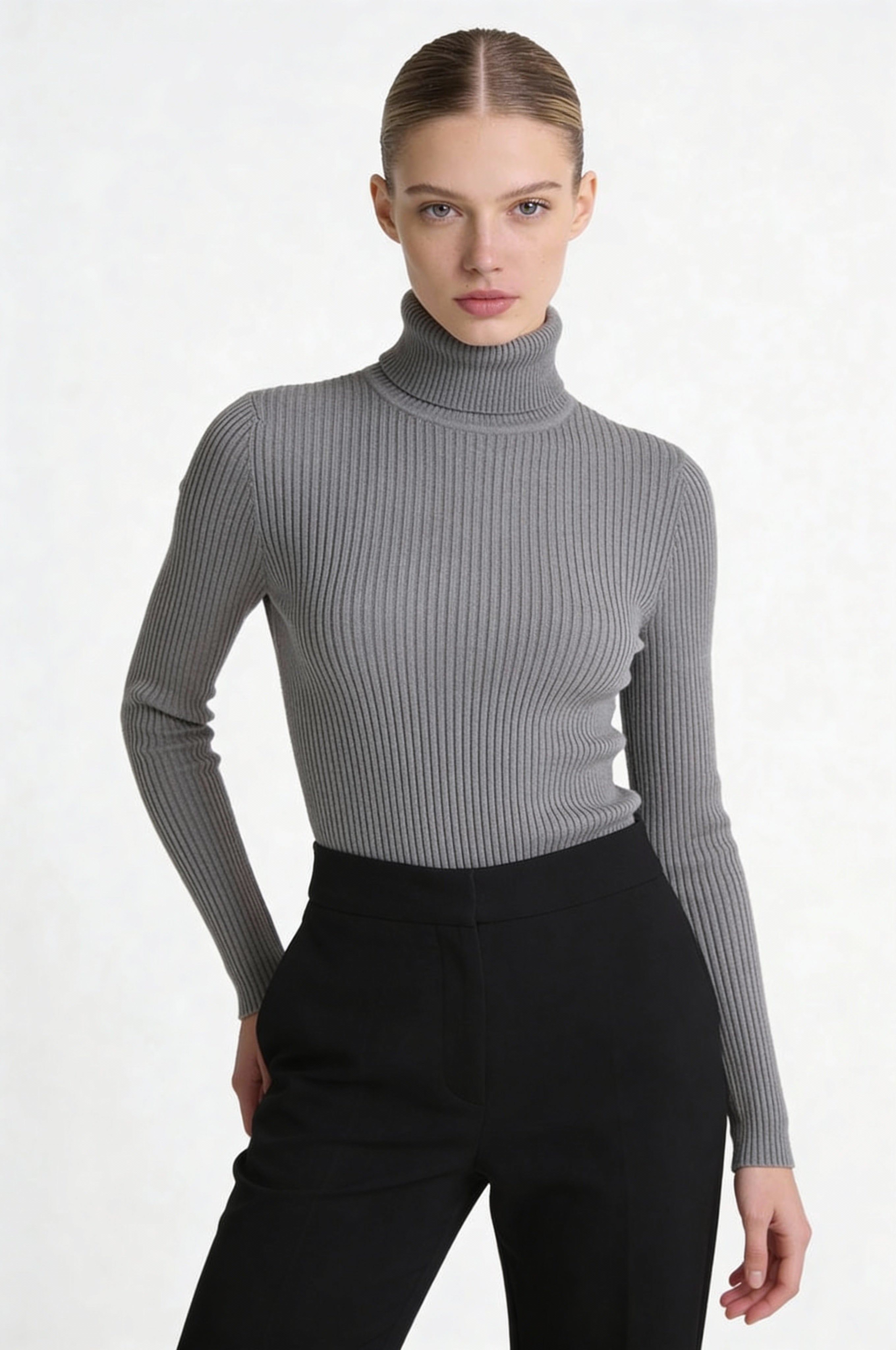 Ribbed Cotton Turtleneck Sweater -Gray