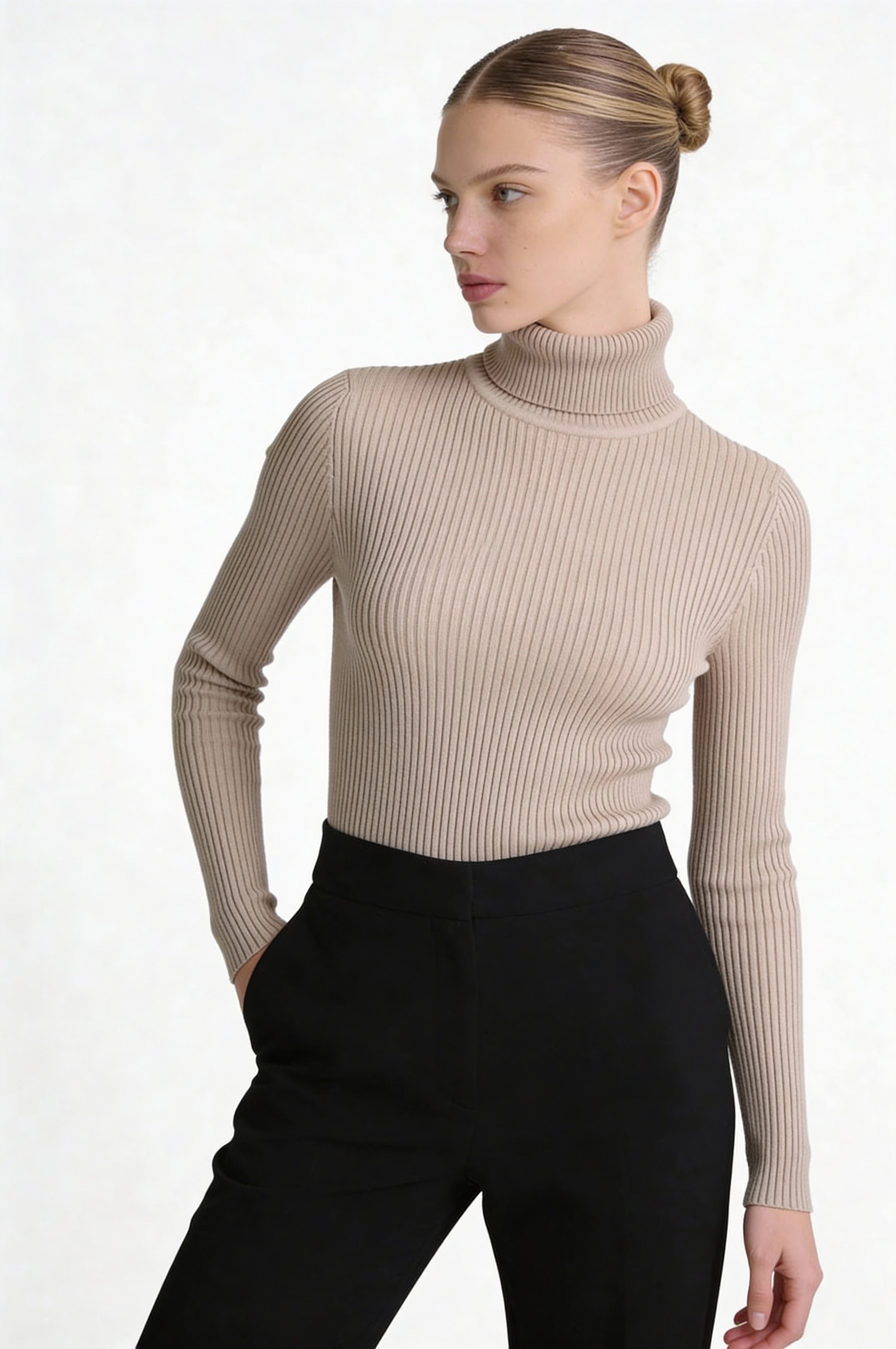 Ribbed Cotton Turtleneck Sweater -Khaki