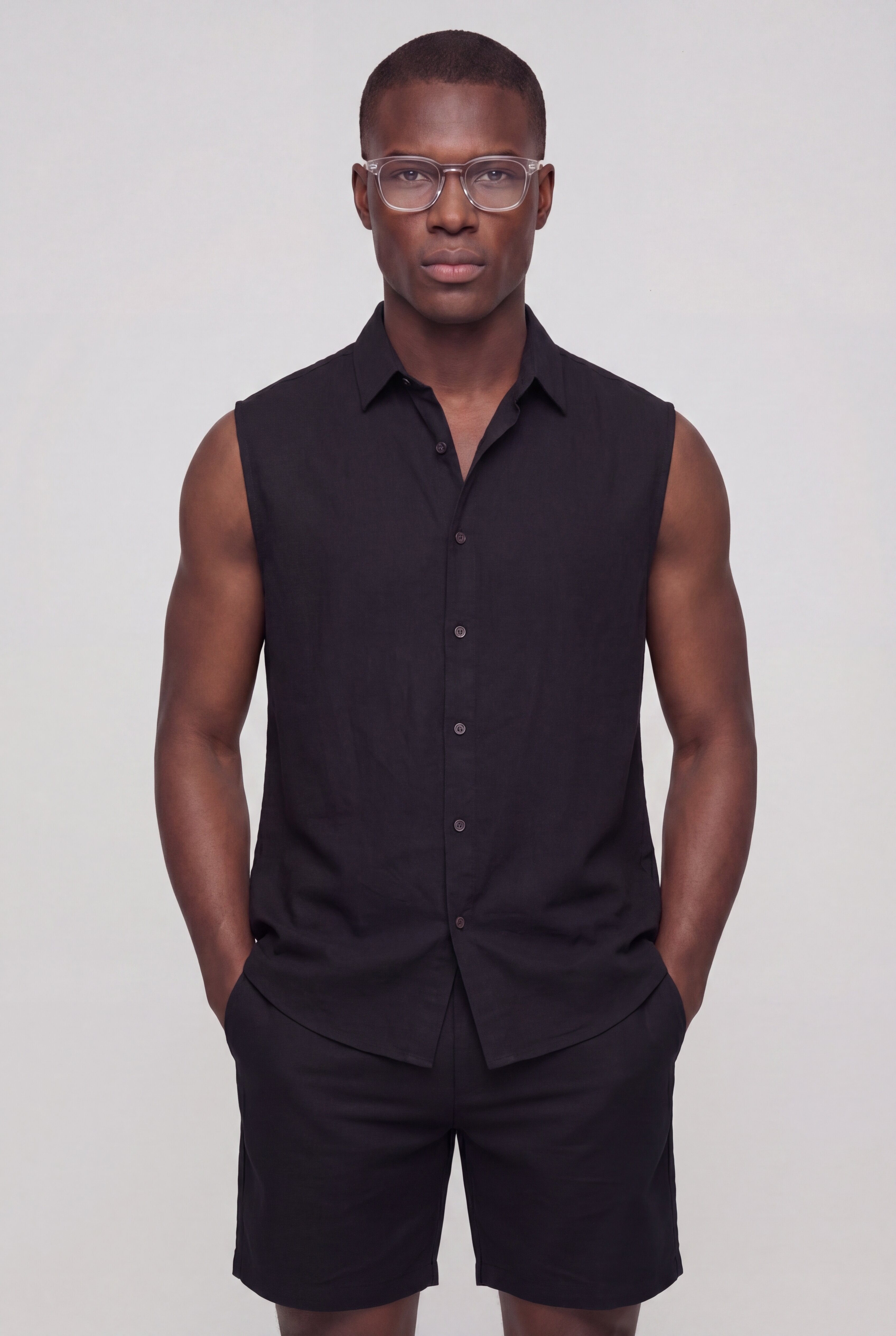 SEVAN SLEEVELESS LINEN SET – BLACK