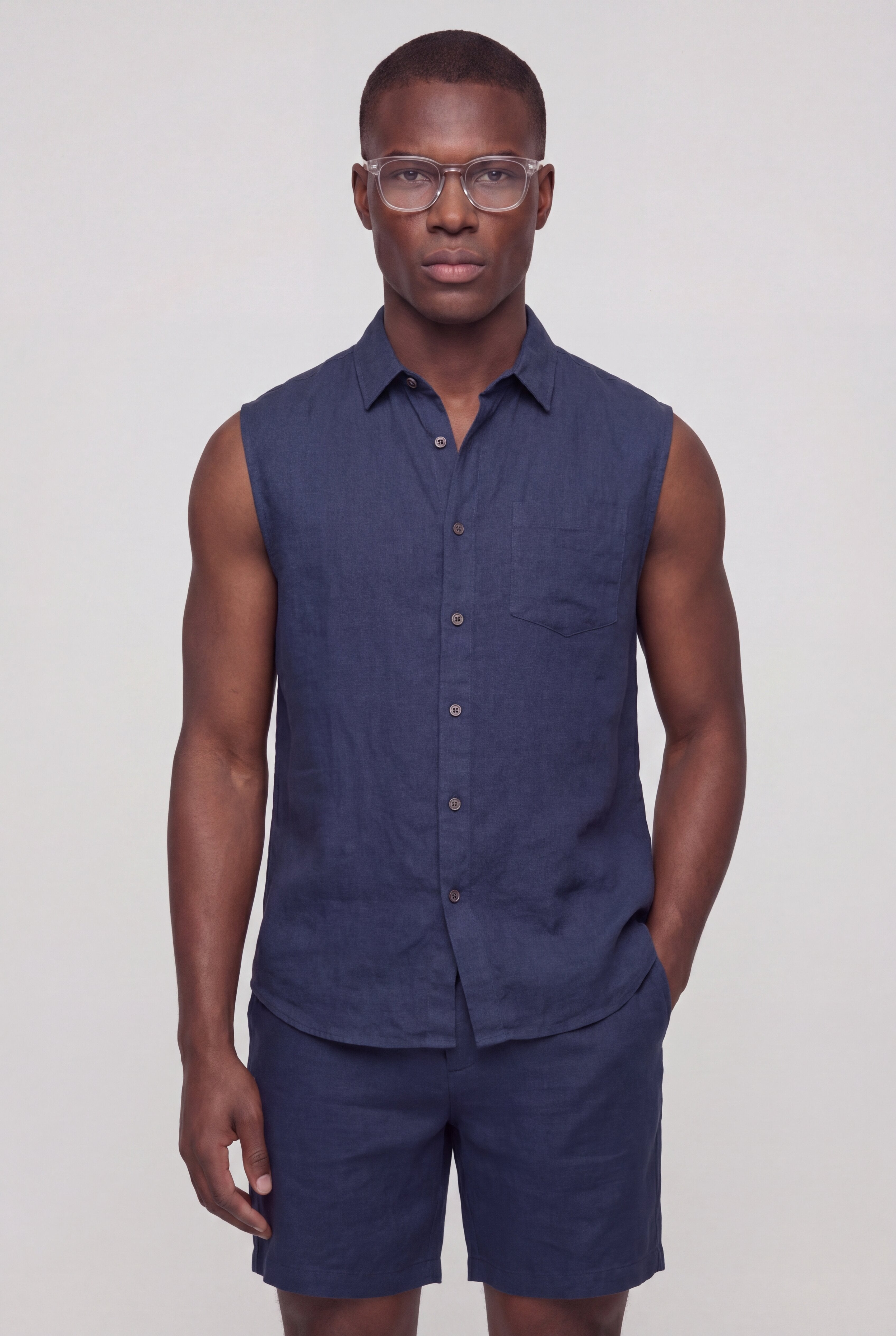 SEVAN SLEEVELESS LINEN SET – NAVY