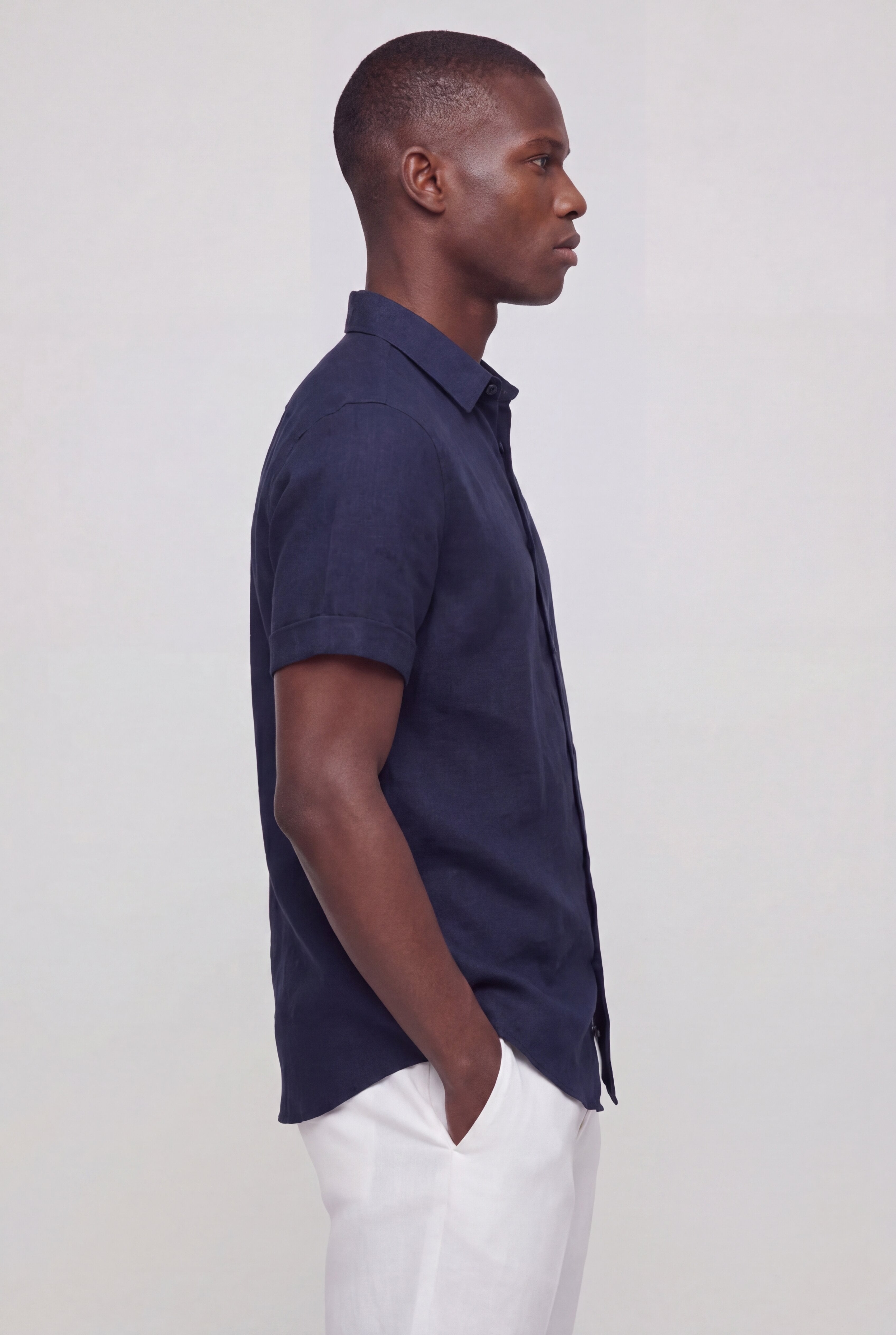 SOLARO LINEN SHORT SLEEVE SHIRT – NAVY