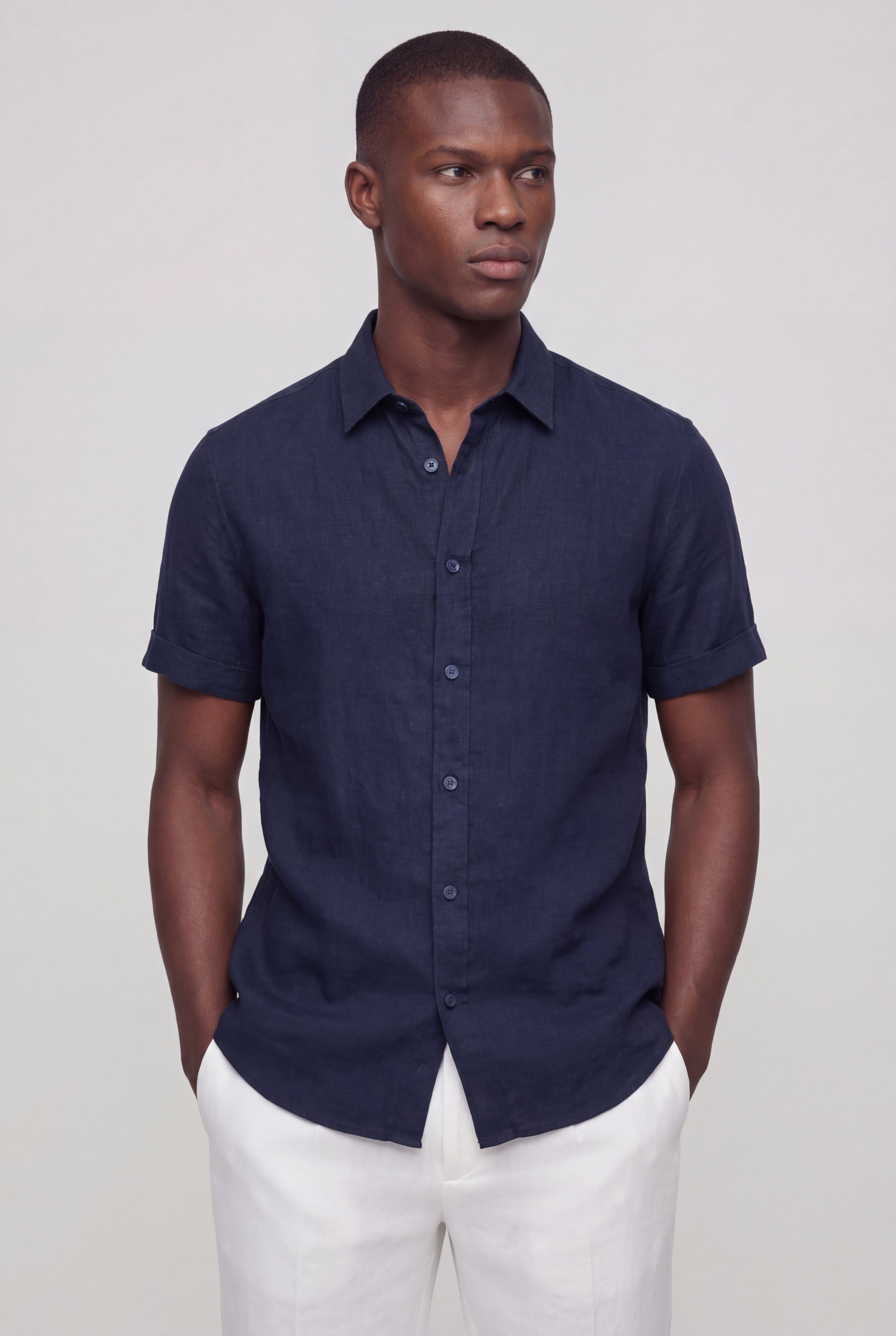 SOLARO LINEN SHORT SLEEVE SHIRT – NAVY