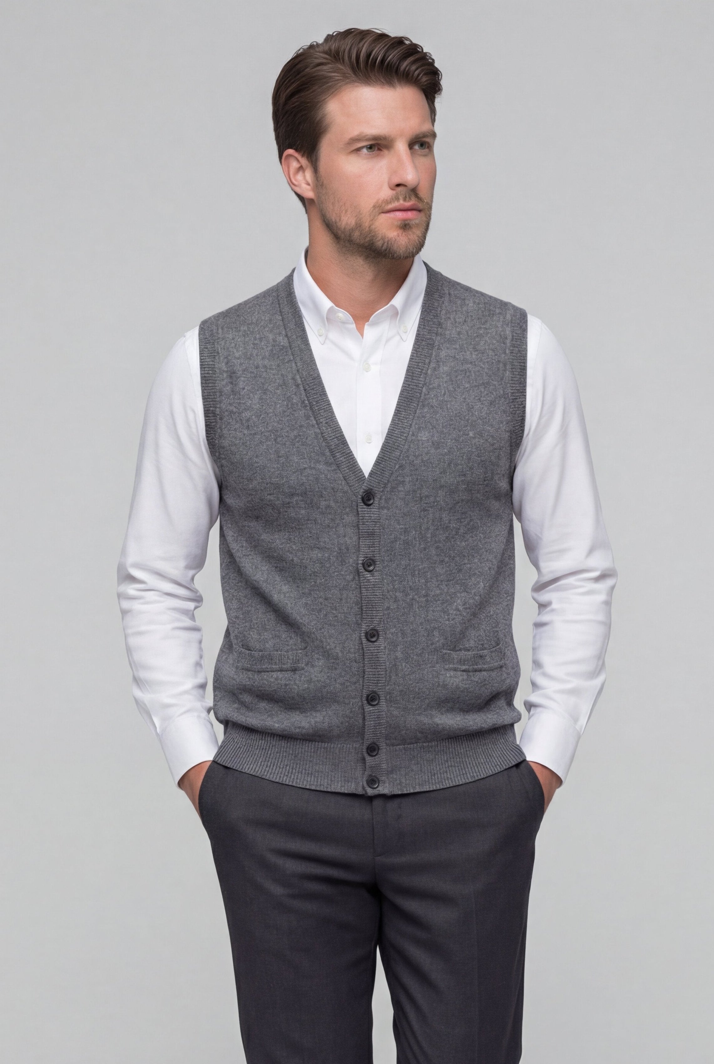 VABAN KNIT BUTTON VEST – GRAY