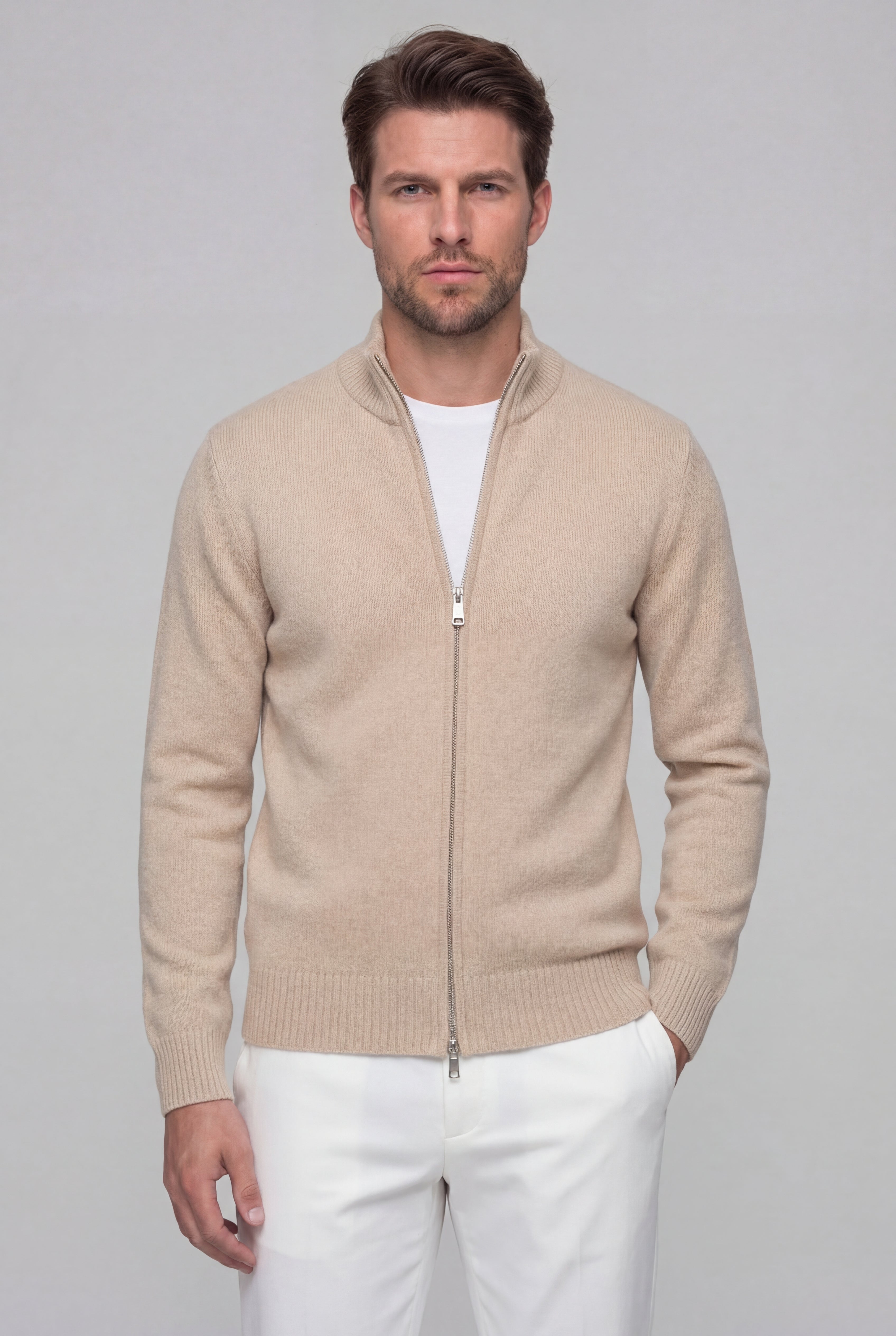 VALERNO ZIP CARDIGAN – BEIGE