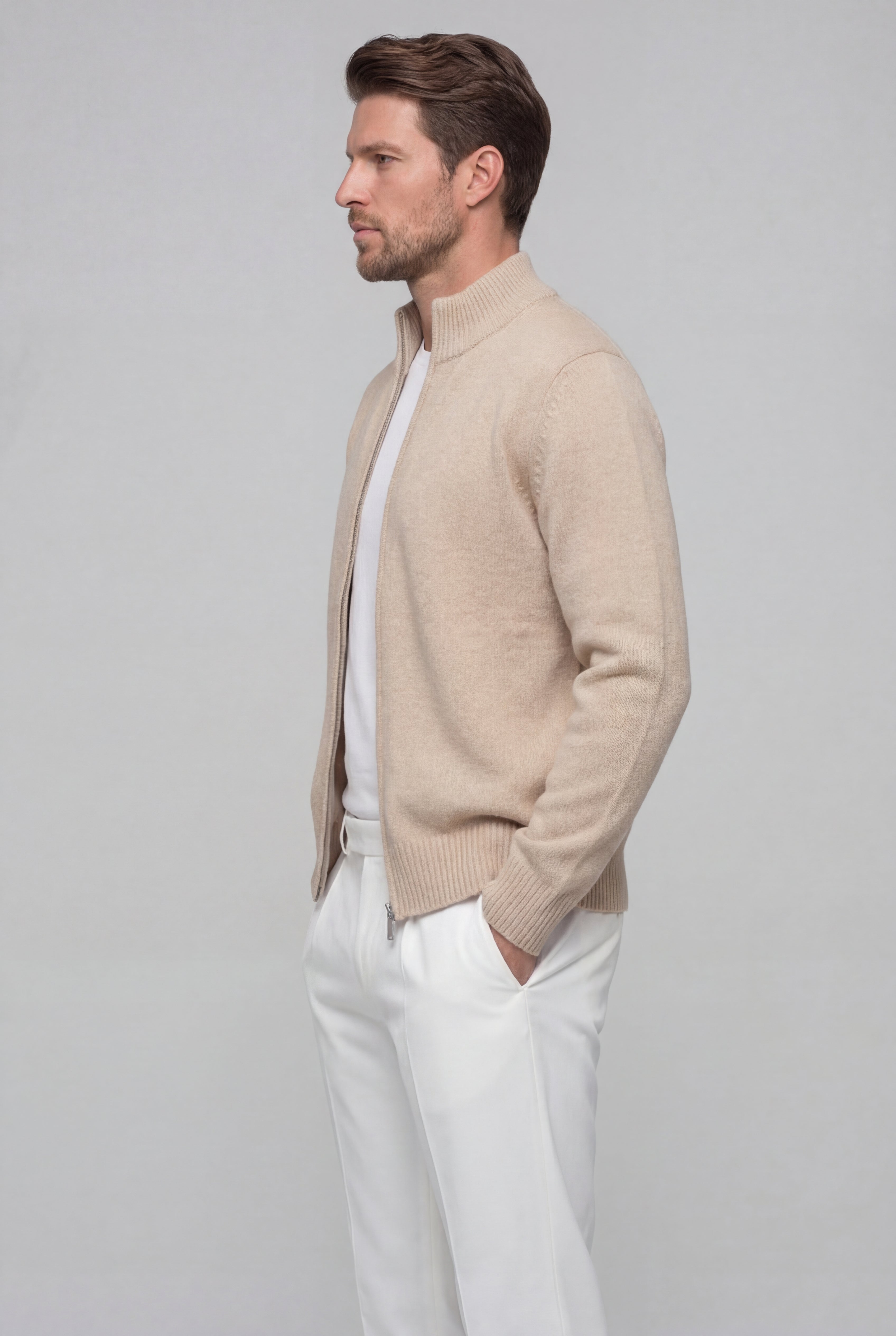 VALERNO ZIP CARDIGAN – BEIGE