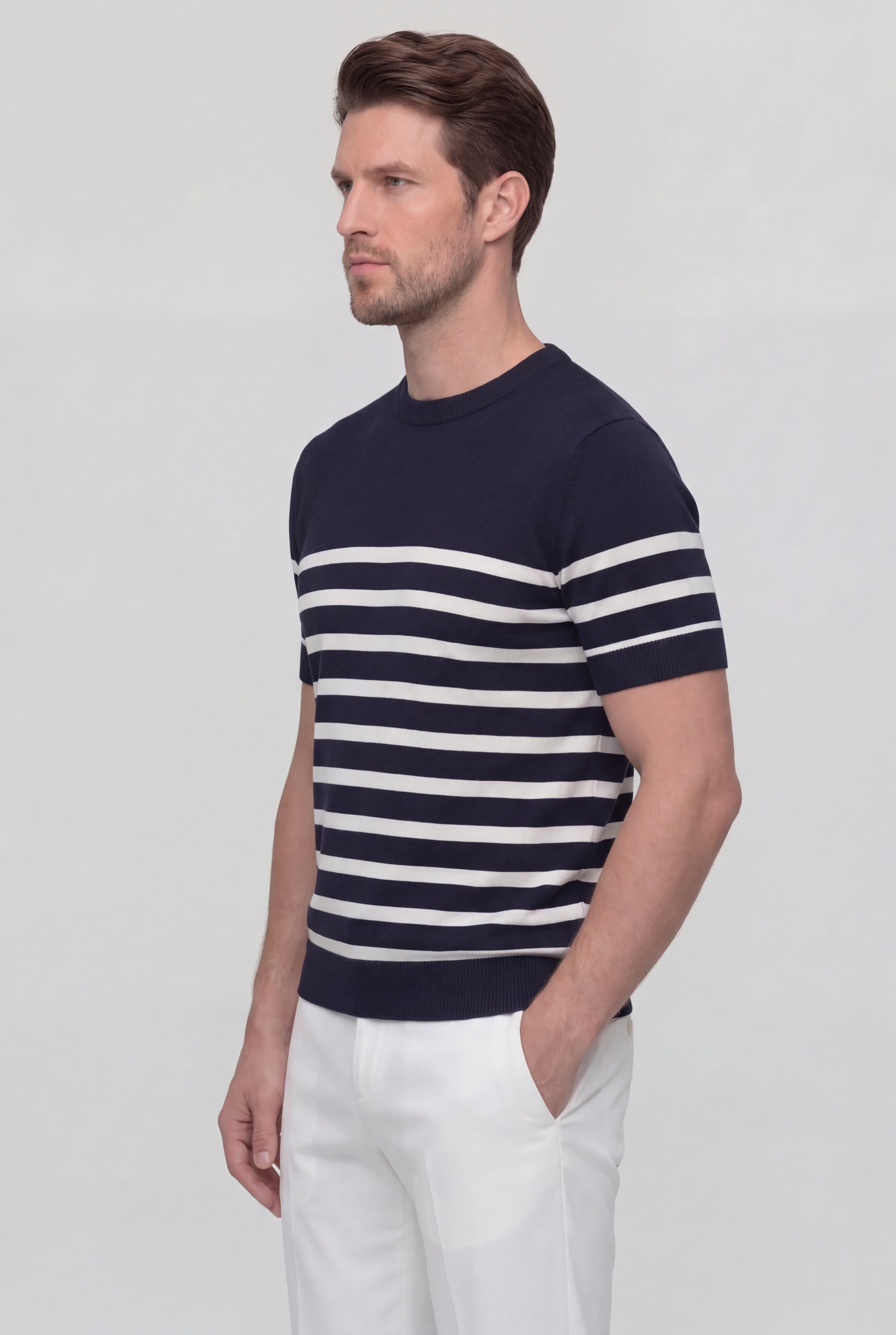 VALTREN STRIPED KNIT T-SHIRT – DARK BLUE