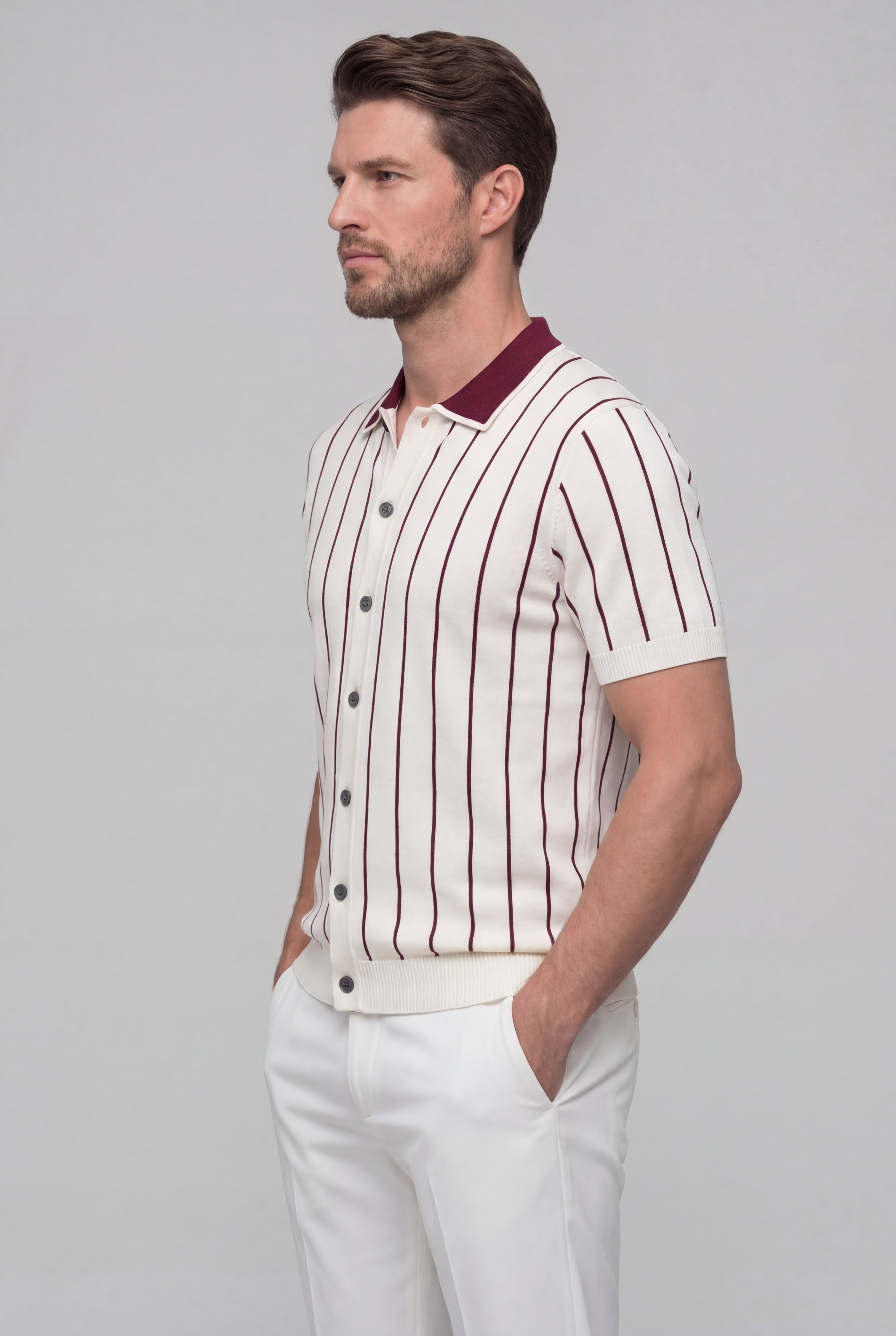 VELORIN STRIPED KNIT POLO SHIRT – WHITE