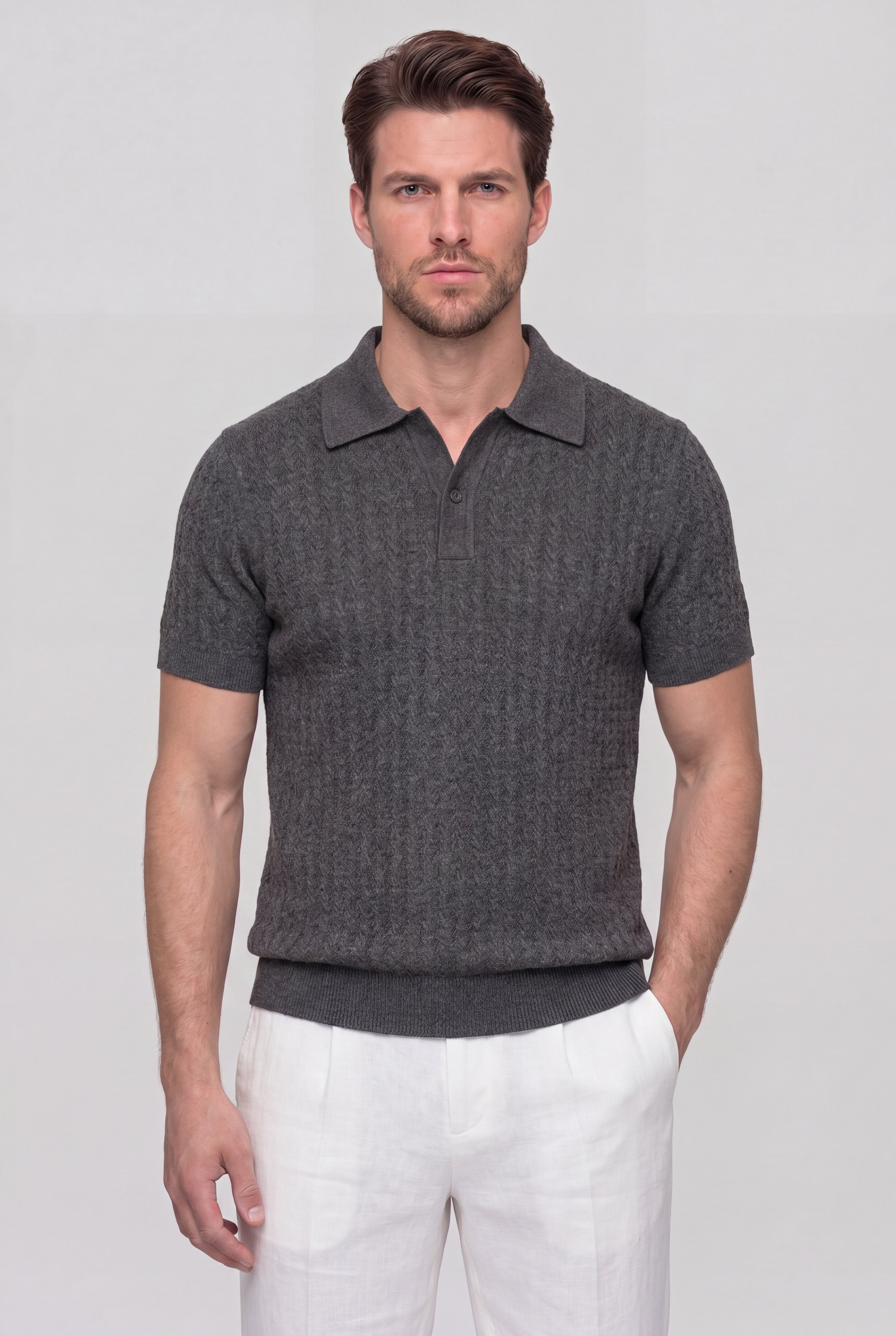VELRION TEXTURED POLO SHIRT – GRAY