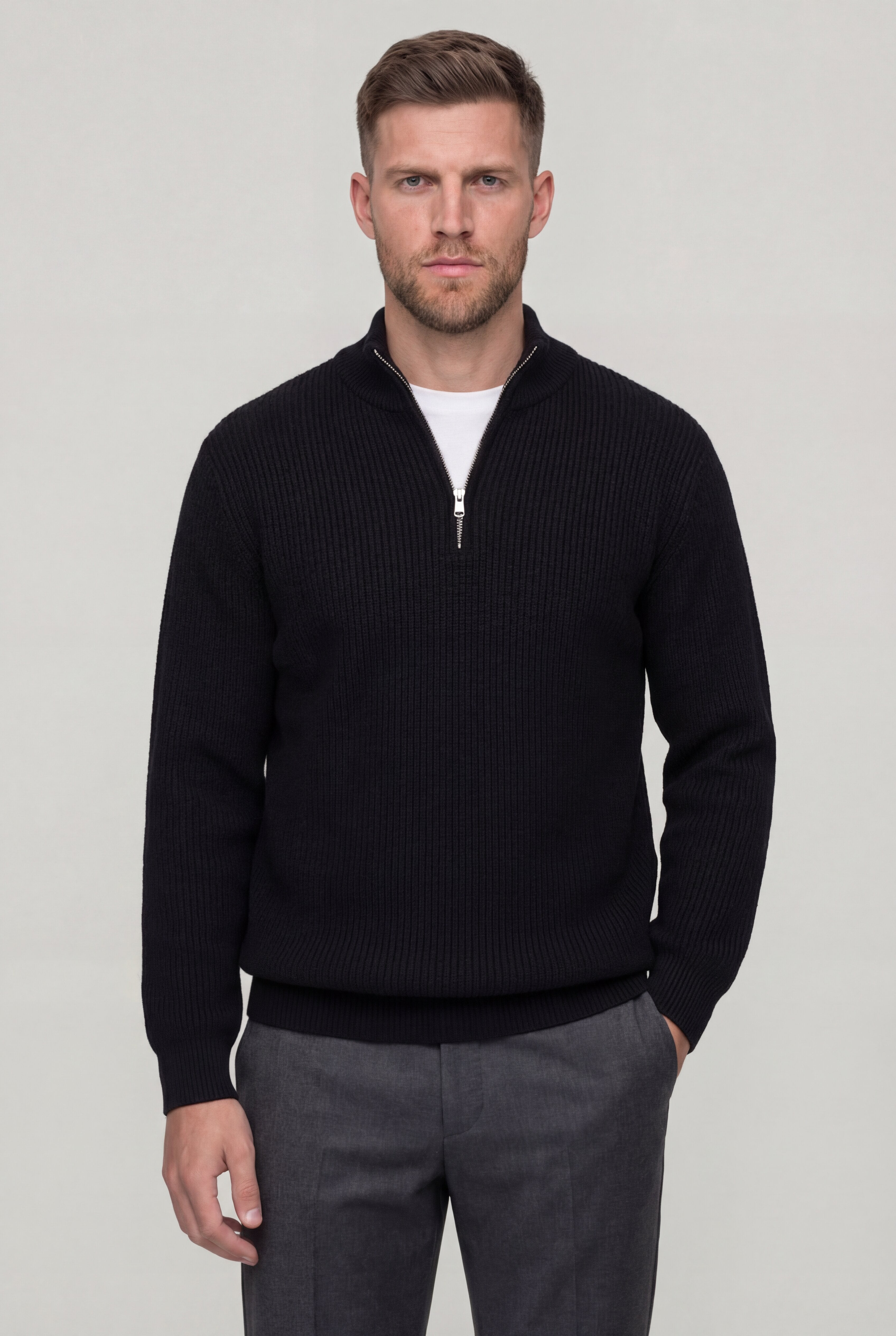 ZALVOR QUARTER ZIP SWEATER – BLACK