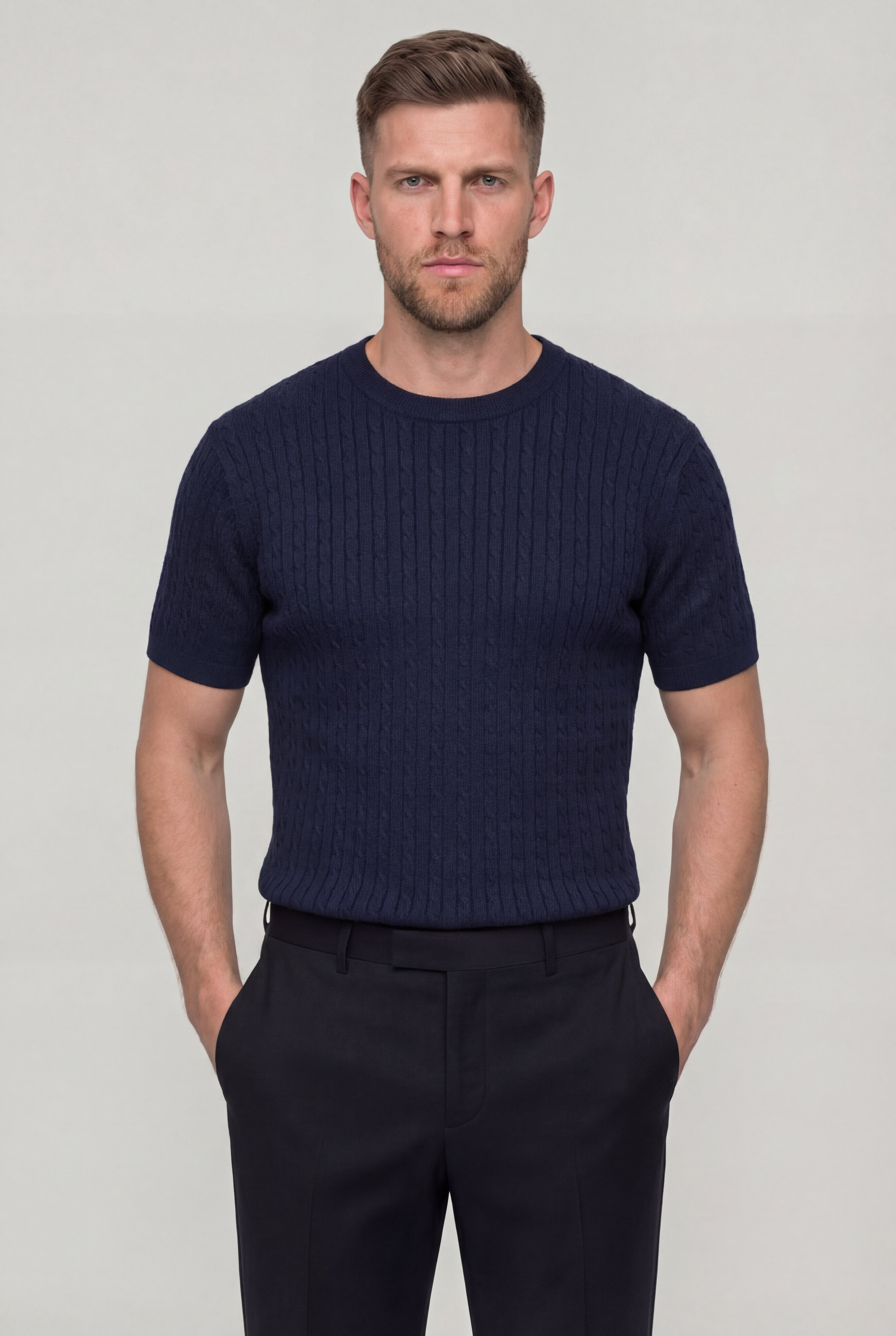 ZENTARO TEXTURED KNIT T-SHIRT - NAVY