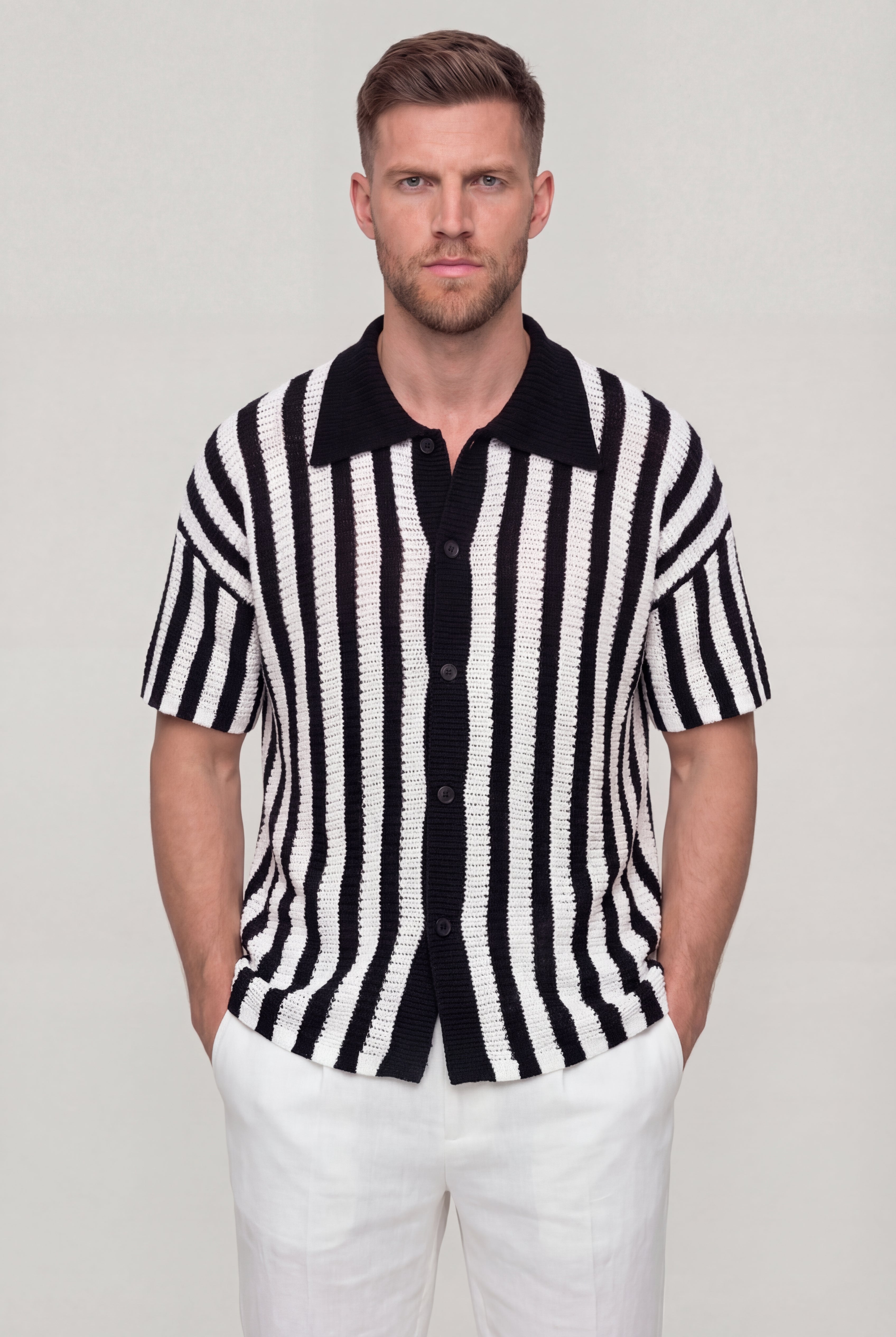 RYVANO STRIPED KNIT POLO SHIRT – BLACK