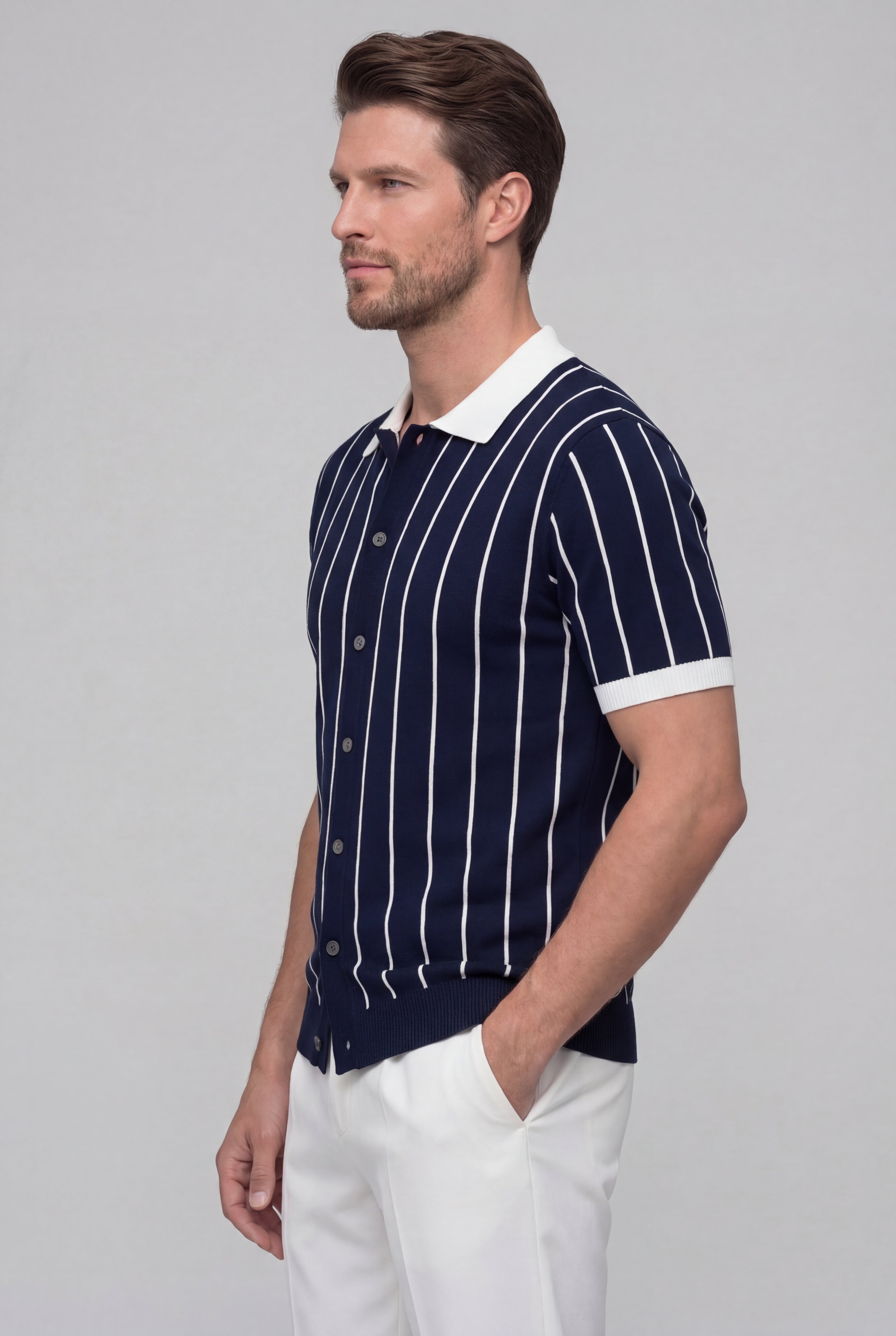 VELORIN STRIPED KNIT POLO SHIRT – NAVY