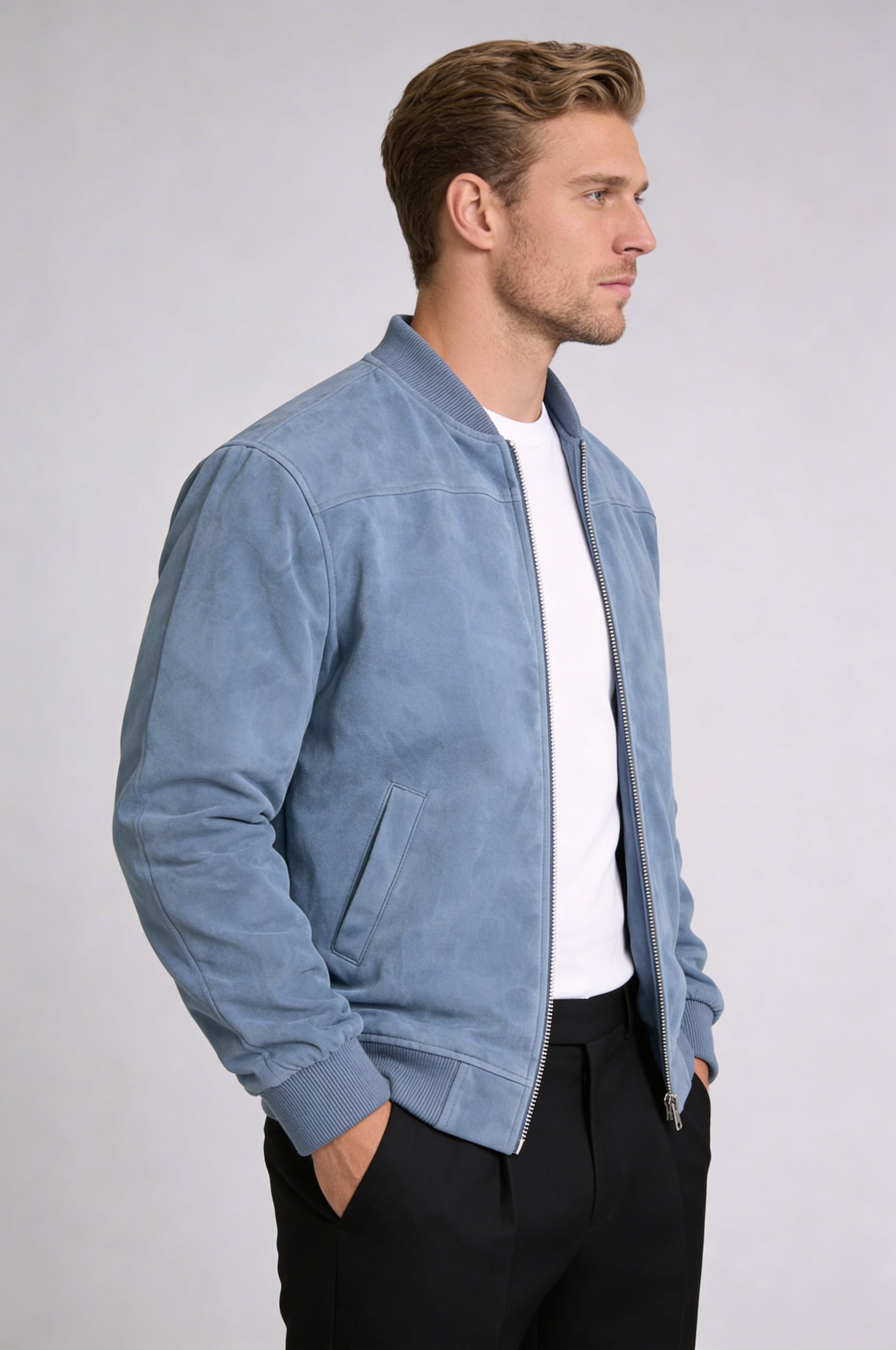 ARVANE SUEDE BOMBER JACKET – BLUE