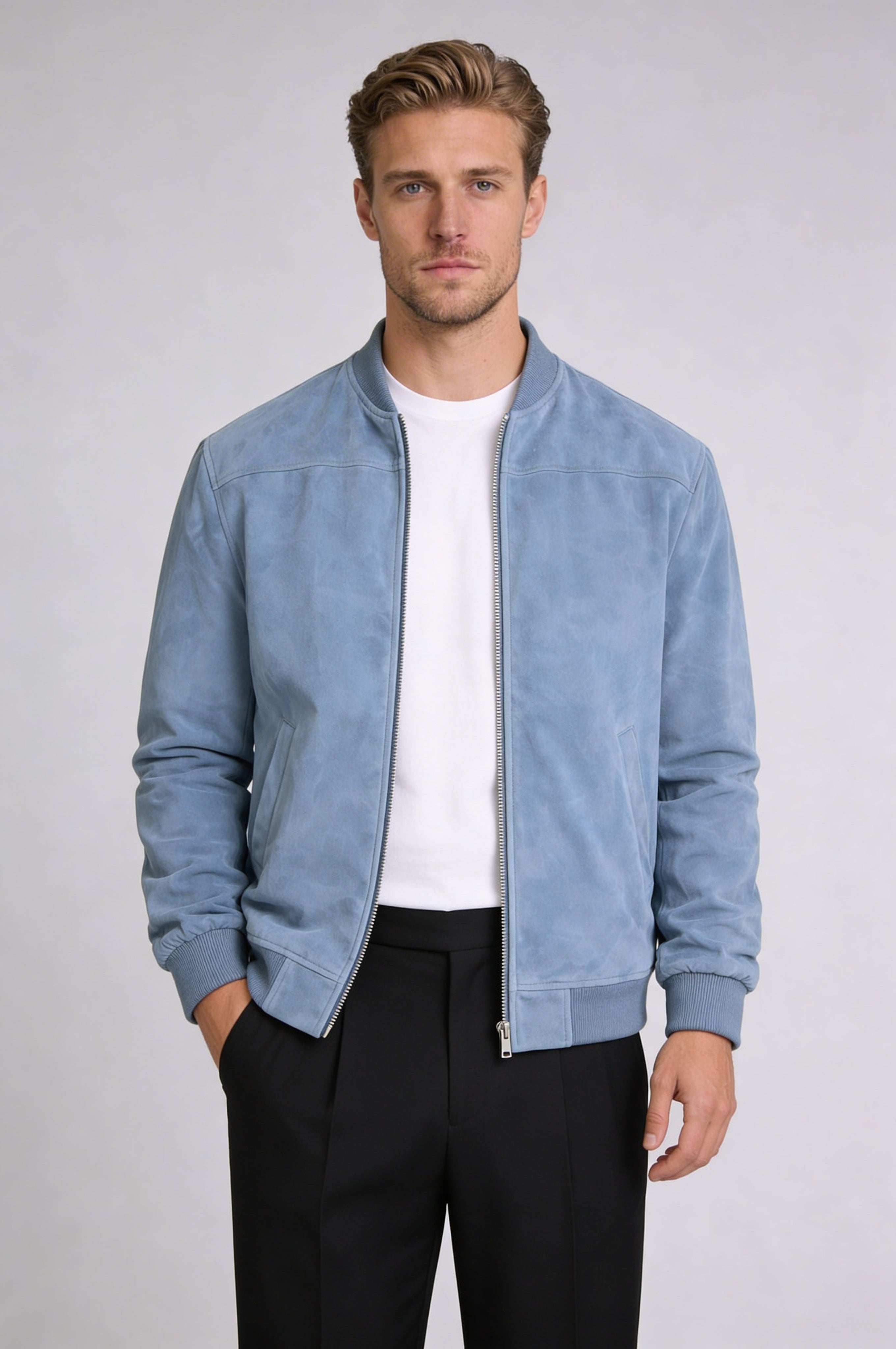 ARVANE SUEDE BOMBER JACKET – BLUE
