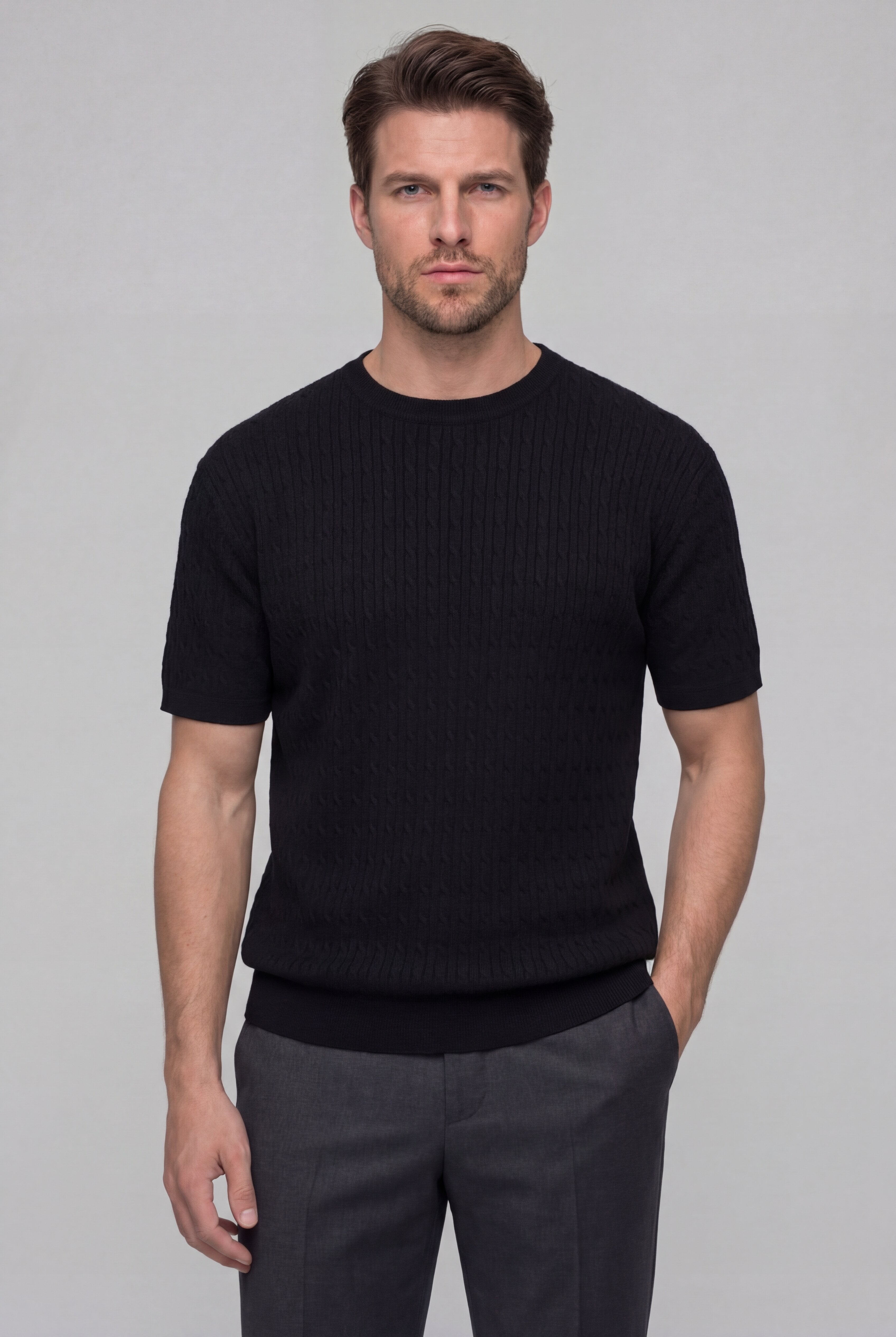 AUSREN TEXTURED KNIT T-SHIRT – BLACK
