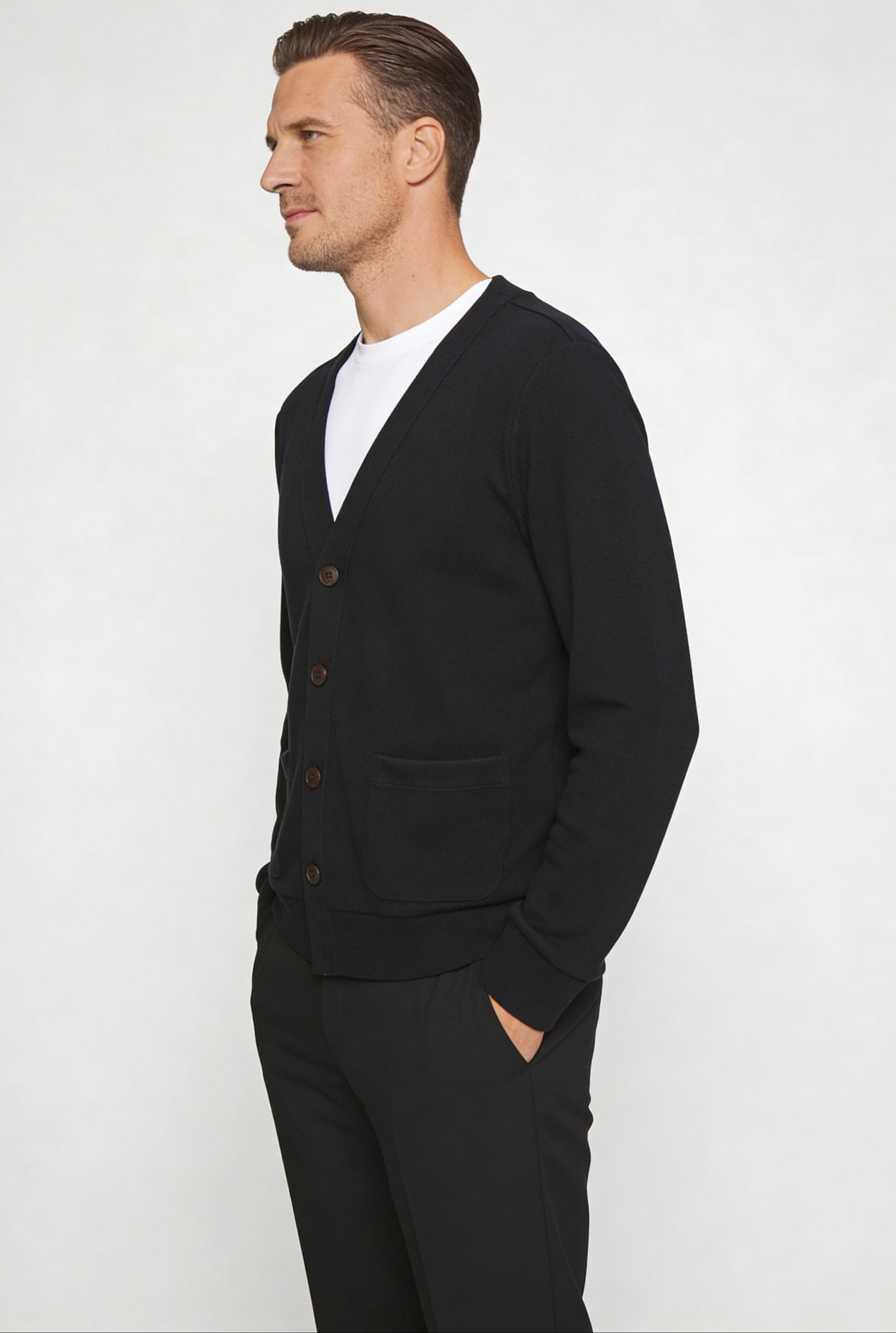 BREVAN  V-NECK KNIT CARDIGAN – BLACK