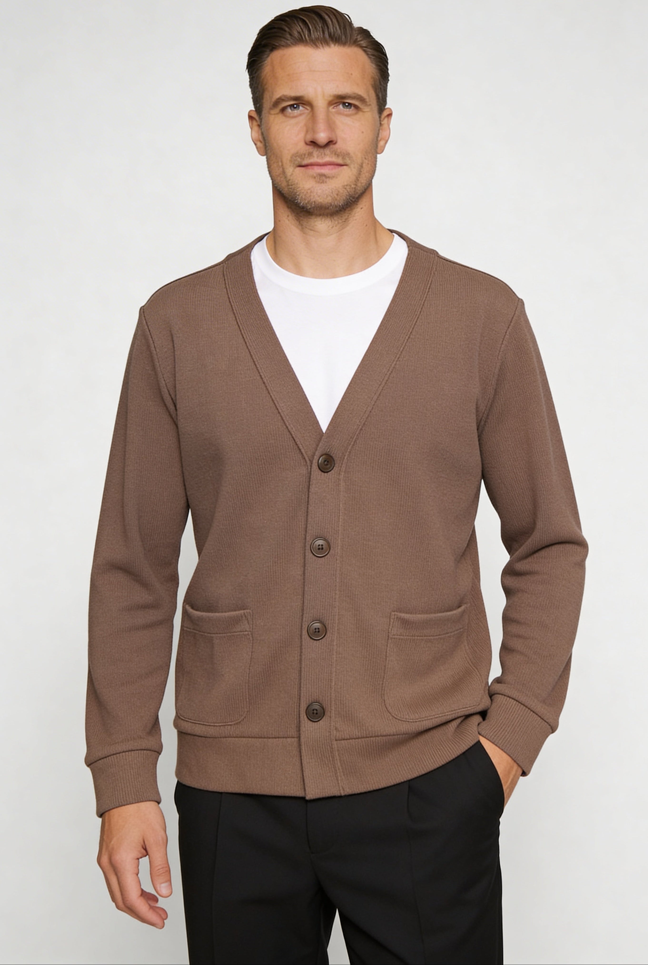 BREVAN V-NECK KNIT CARDIGAN – COFFEE