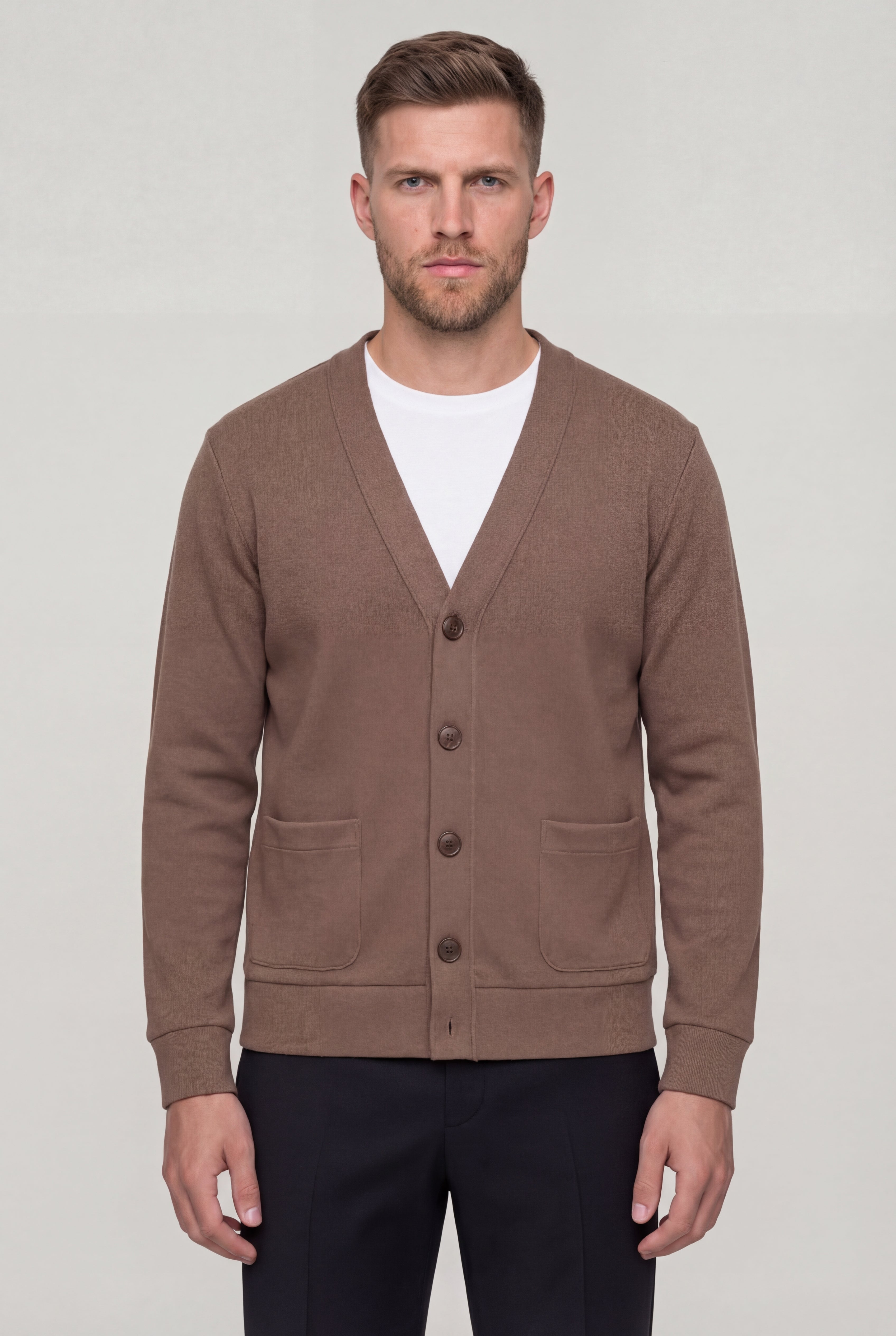 BREVAN V-NECK KNIT CARDIGAN – COFFEE